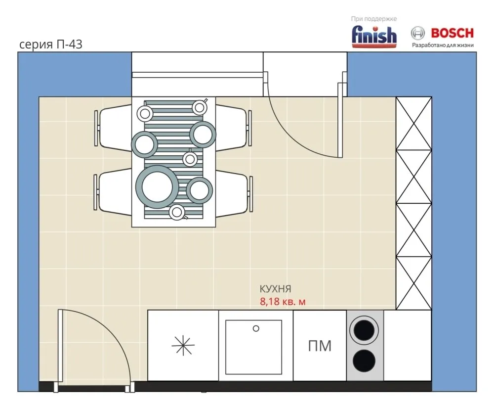 Фотография: Планировки в стиле , Кухня и столовая, Перепланировка, П-43, Анастасия Киселева, Максим Джураев, Панельный дом, Finish – фото на нашем сайте
