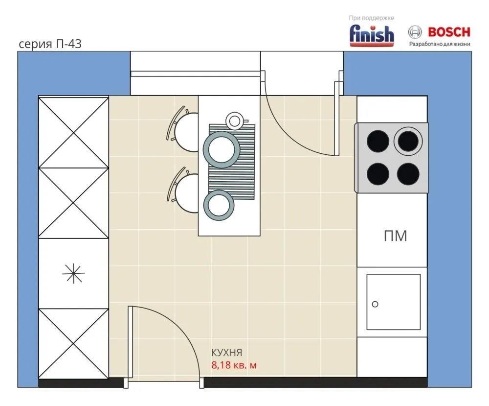 Фотография: Планировки в стиле , Кухня и столовая, Перепланировка, П-43, Анастасия Киселева, Максим Джураев, Панельный дом, Finish – фото на нашем сайте