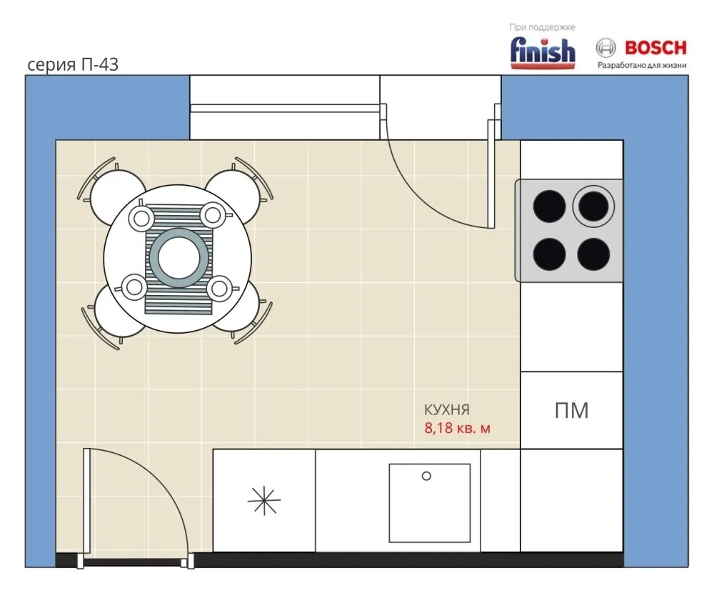Фотография: Планировки в стиле , Кухня и столовая, Перепланировка, П-43, Анастасия Киселева, Максим Джураев, Панельный дом, Finish – фото на нашем сайте