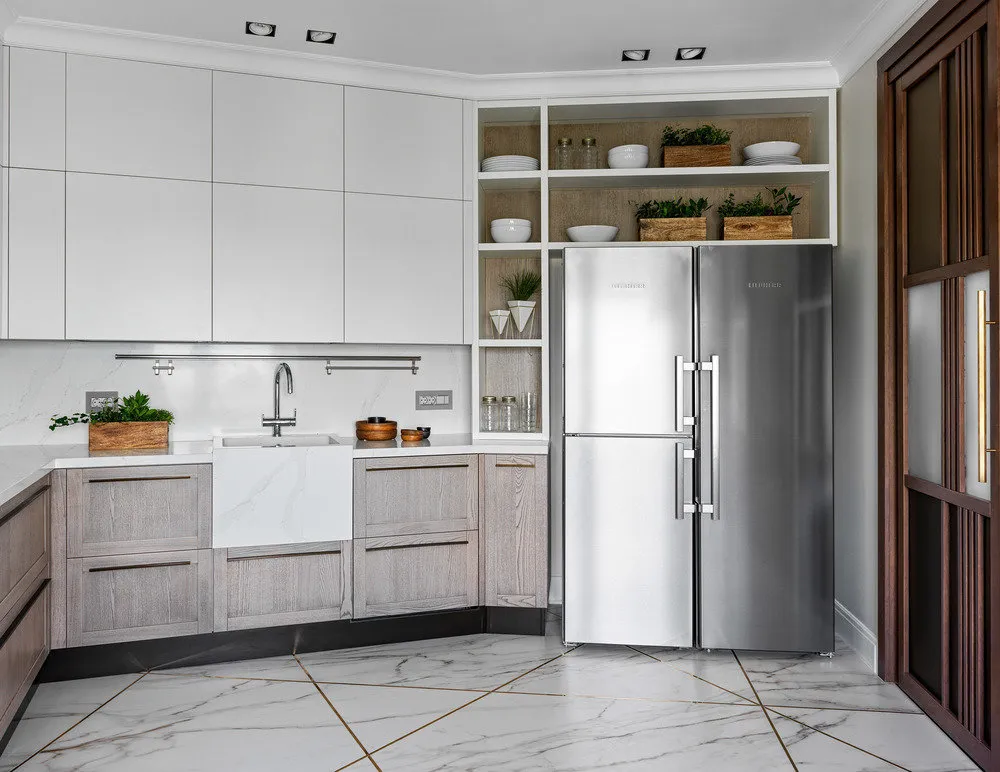 照片：现代风格厨房与餐厅，指南，如何装饰厨房内部，厨房内部，厨房设计，玛丽亚·鲁布廖娃，安娜·波霍瓦尔采娃，阿丽莎·斯维斯特努瓦，里姆娜·谢门诺娃，叶卡捷琳娜·布尔迪娜，阿莱克桑德拉·梅尔尼科娃 – 我们网站上的照片