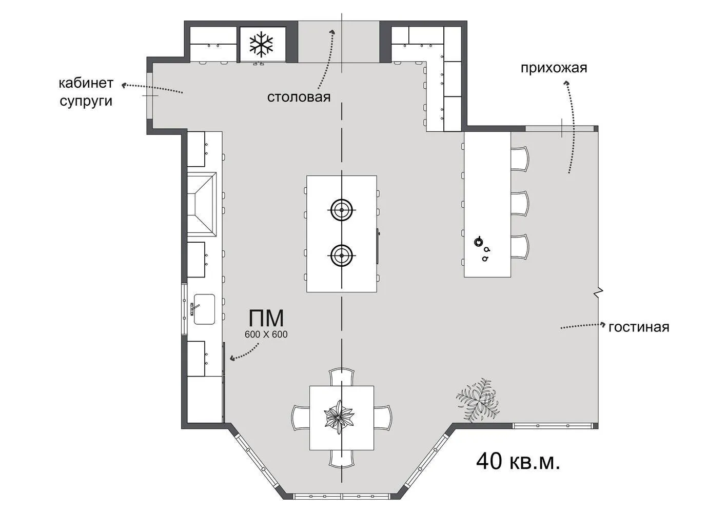 照片：平面图，时尚厨房与餐厅，技巧 – 我们网站上的照片