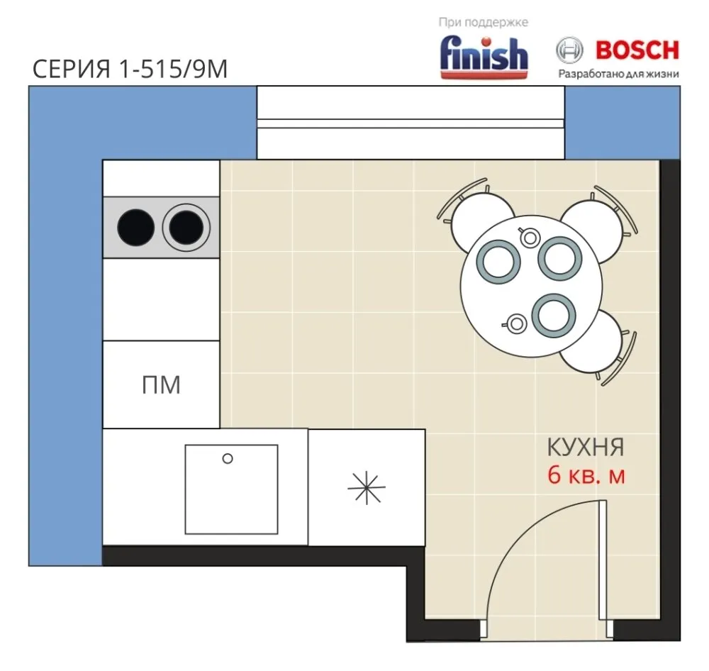 Фотография: Планировки в стиле , Кухня и столовая, Перепланировка, Анастасия Киселева, Панельный дом, Finish, 1-515/9м, Максим Джуреав – фото на нашем сайте