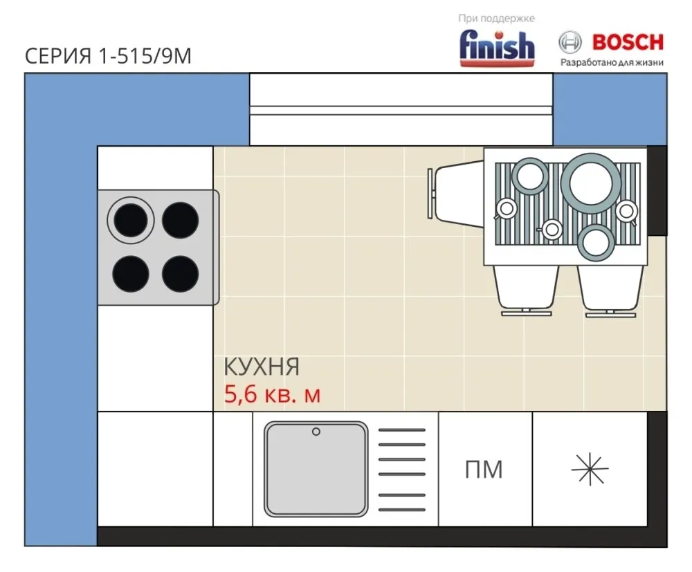 Фотографія: Планировки в стиле , Кухня и столовая, Перепланировка, Анастасия Киселева, Панельный дом, Finish, 1-515/9м, Максим Джуреав – фото на нашем сайте