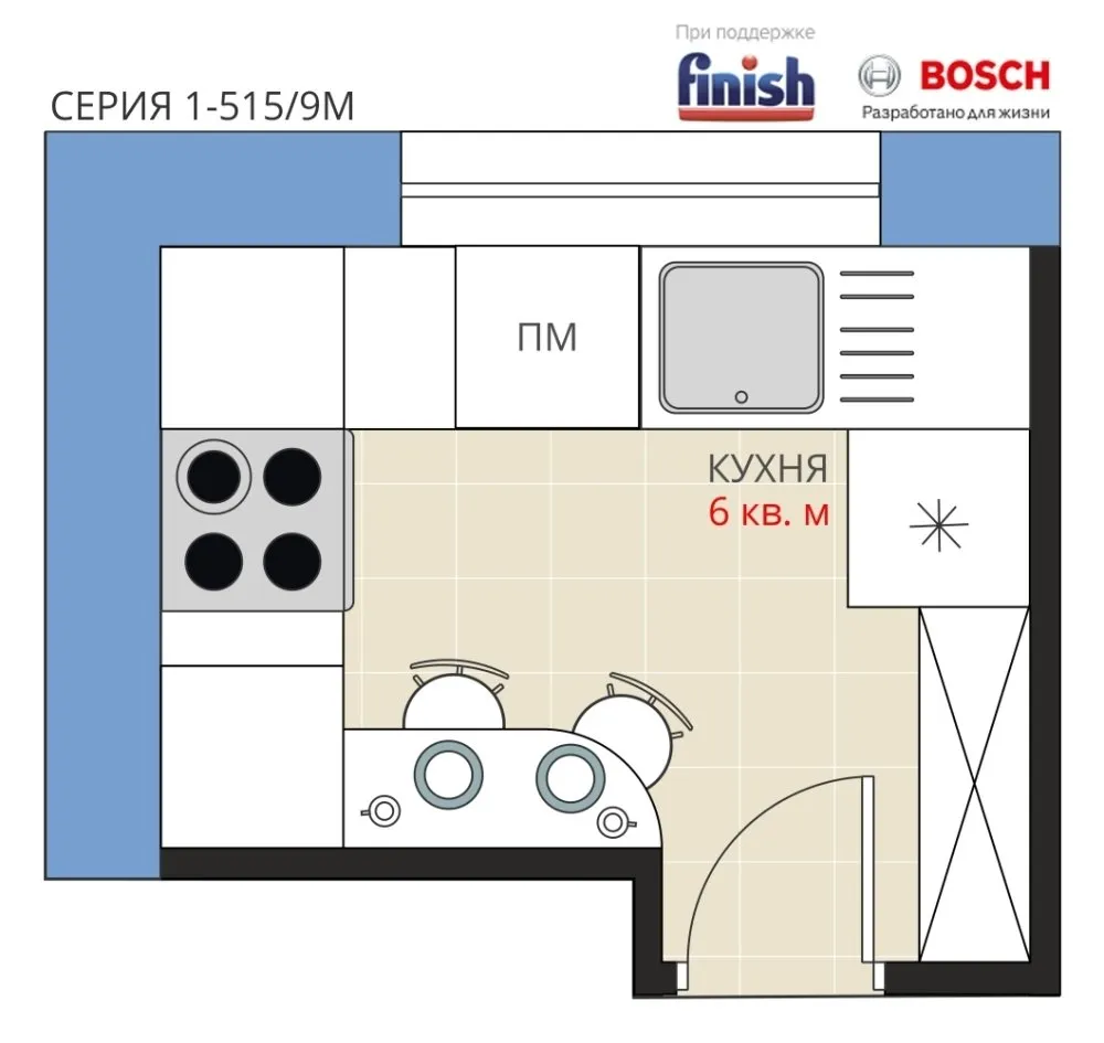 Фотография: Планировки в стиле , Кухня и столовая, Перепланировка, Анастасия Киселева, Панельный дом, Finish, 1-515/9м, Максим Джуреав – фото на нашем сайте
