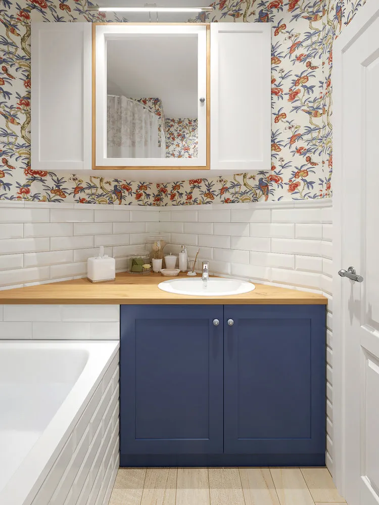 Photo: Bathroom in Scandinavian Style, Modern, Tips on How to Apply Wallpapers, How to Choose Wallpapers for Interior, Ksenia Mizenzeva, Wallpapers in Interior, Wallpapers in Bathroom – Photo on Our Website