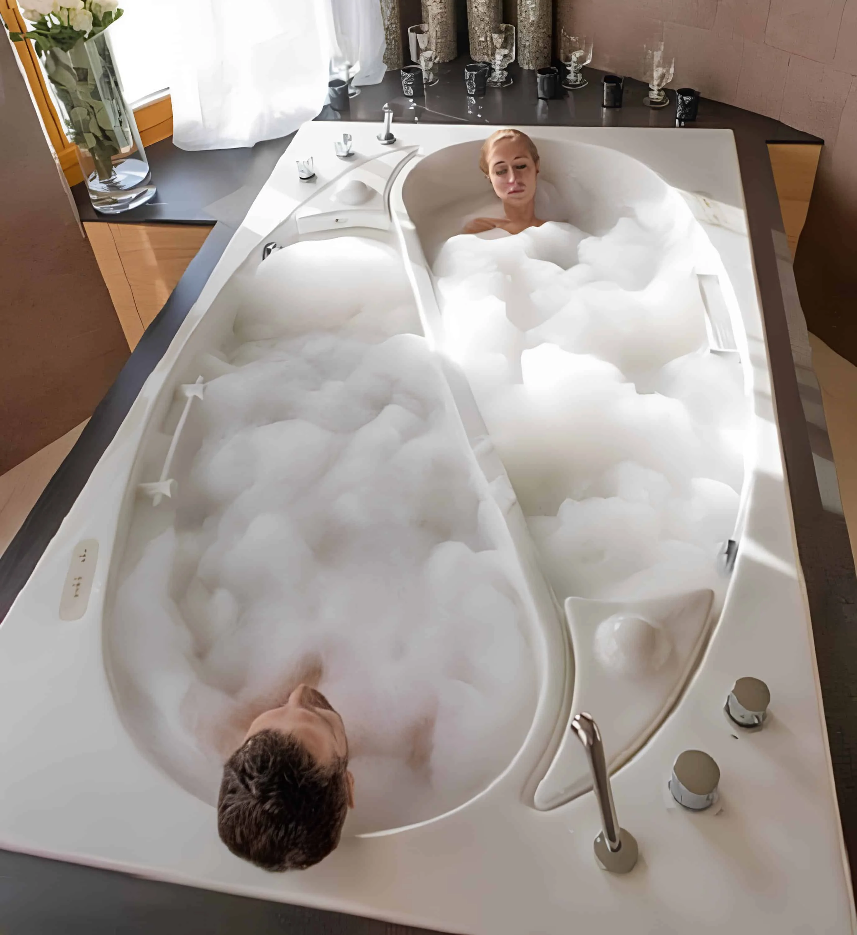 Unique yin-yang inspired bathtub for two with divided soaking spaces