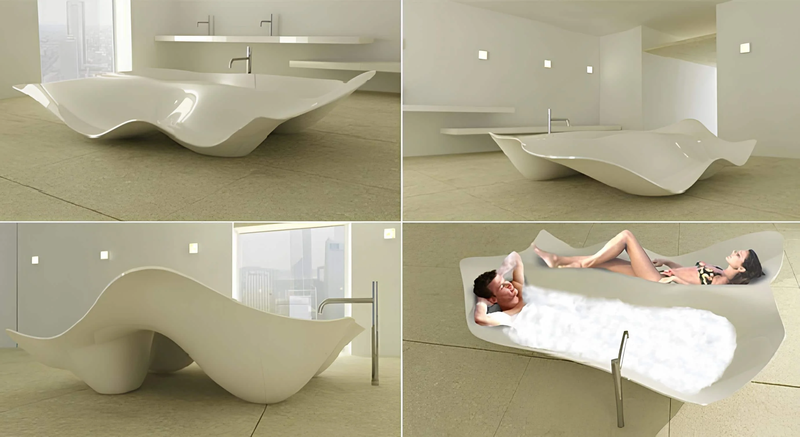 Futuristic wavy bathtub design with two people relaxing in a modern space