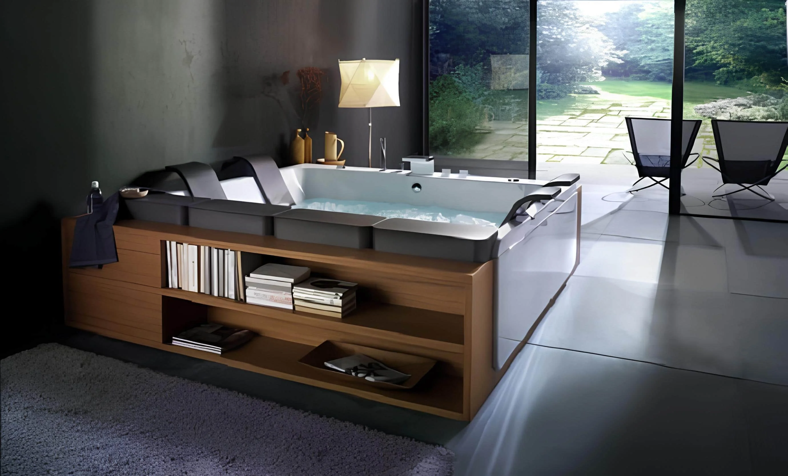 Luxury square jacuzzi bathtub with padded headrests and built-in wooden storage shelves