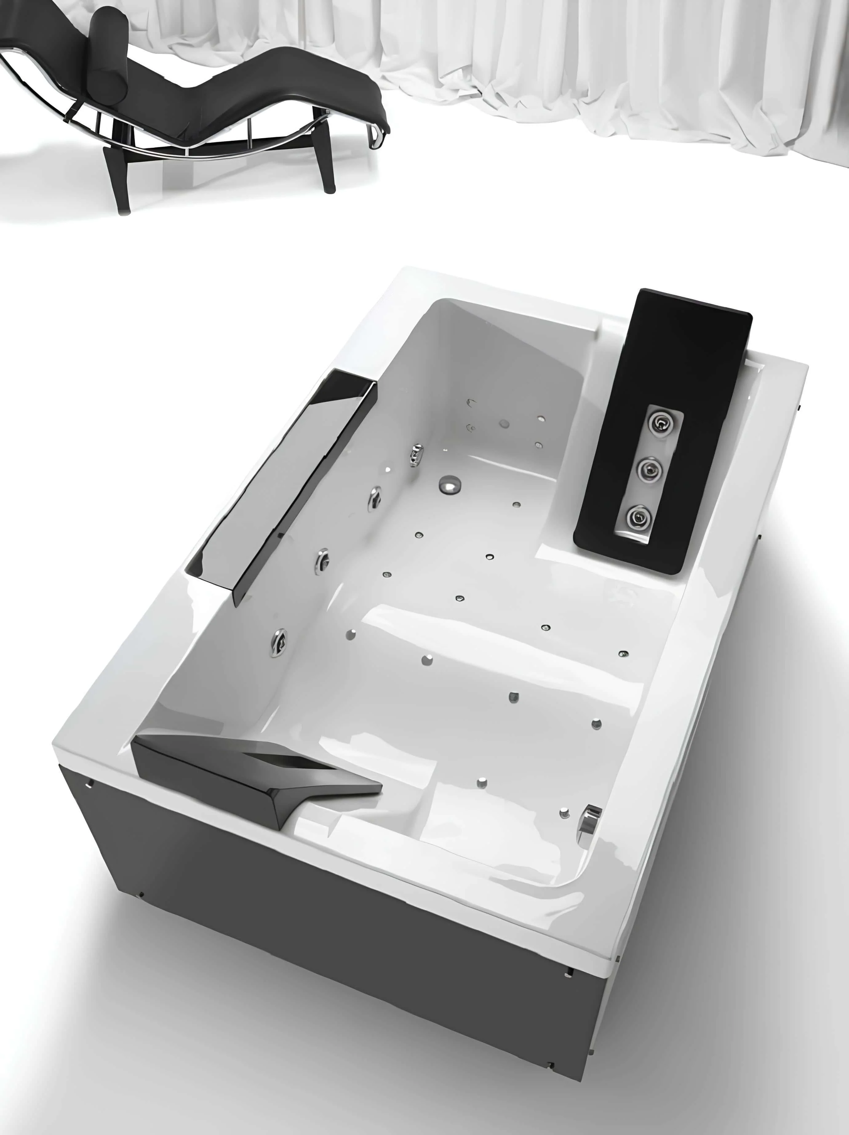 Contemporary black and white jetted bathtub with lounge seating