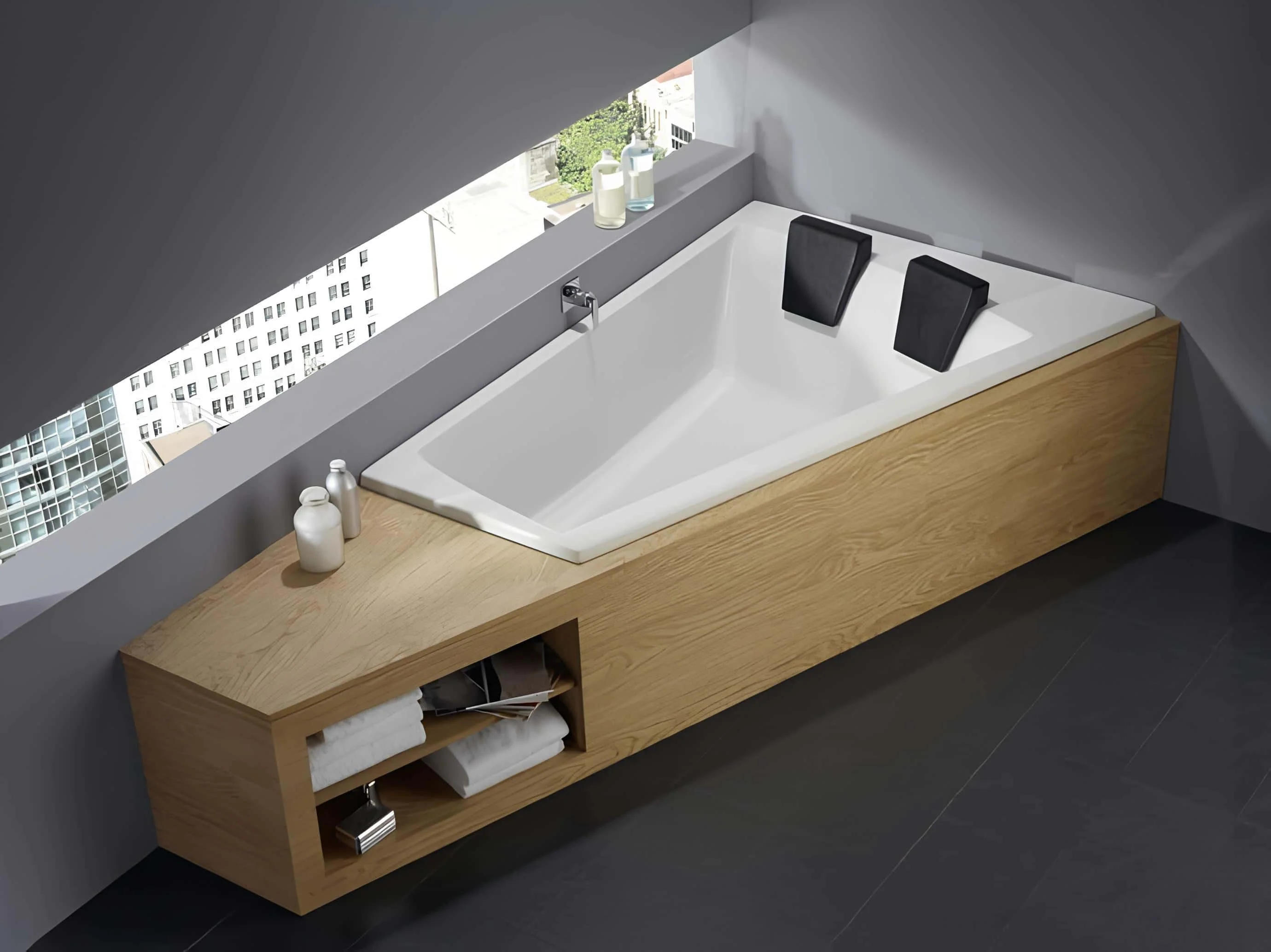 Modern built-in bathtub framed in wood overlooking urban skyline