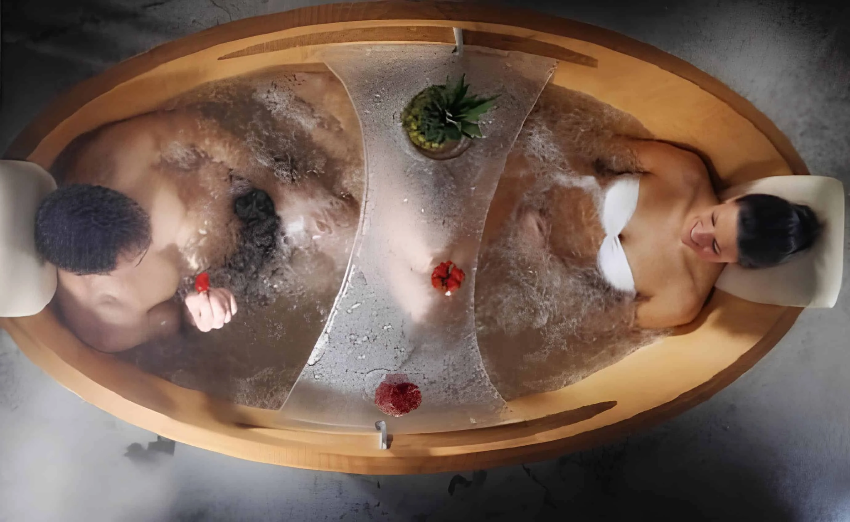 Wooden bathtub for two people with clear center divider and spa features