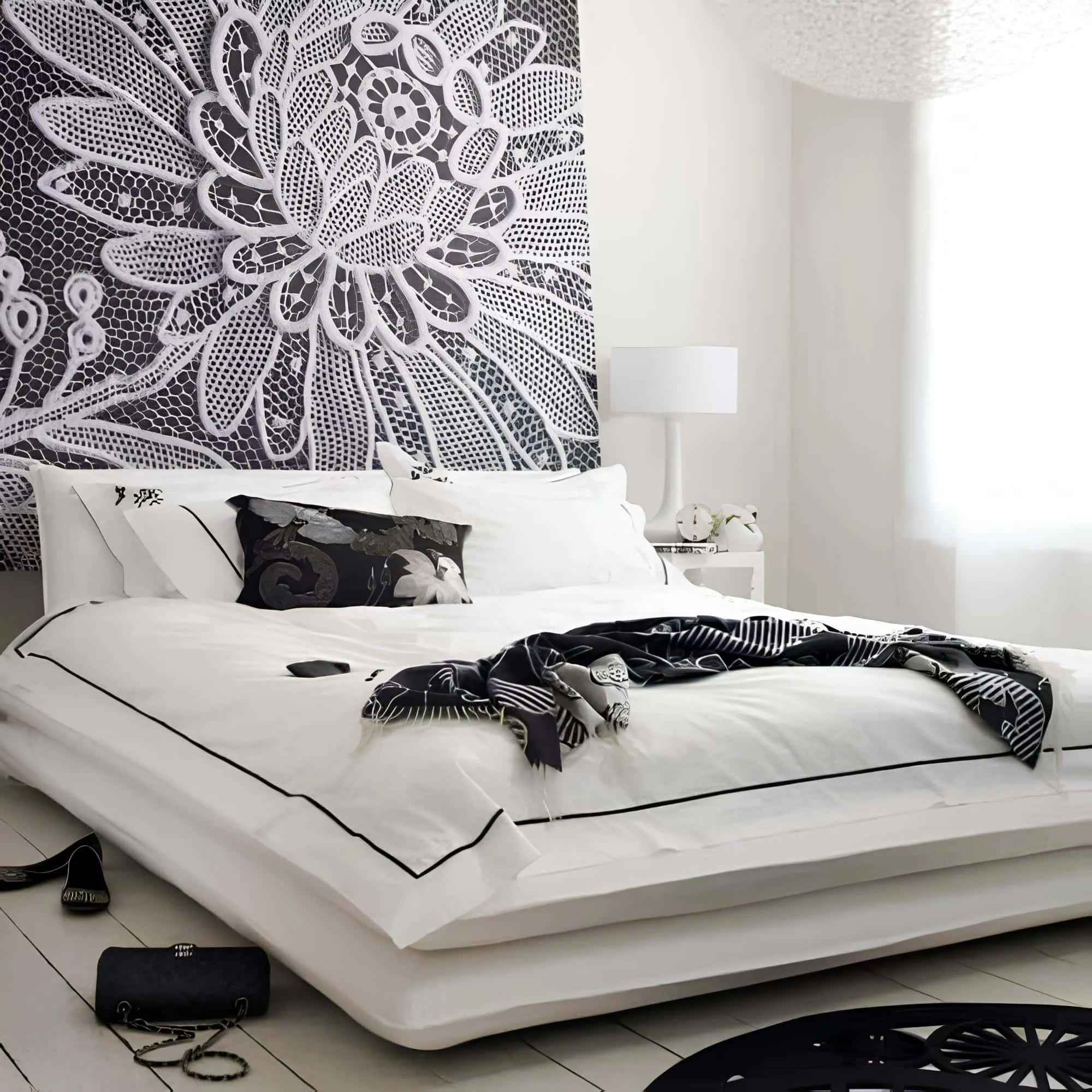 Элегантная черно-белая спальня с цветочной кроватью акцентом