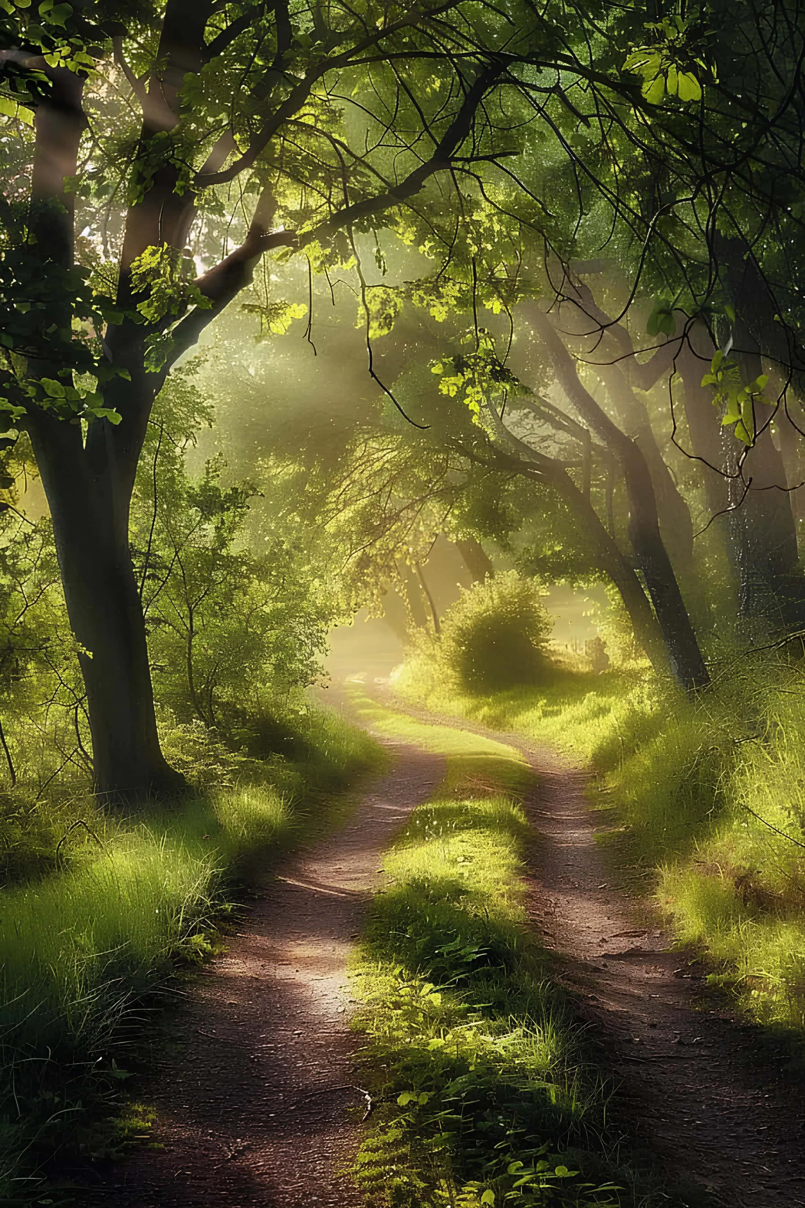 Muddy trail winding through a sunlit green forest
