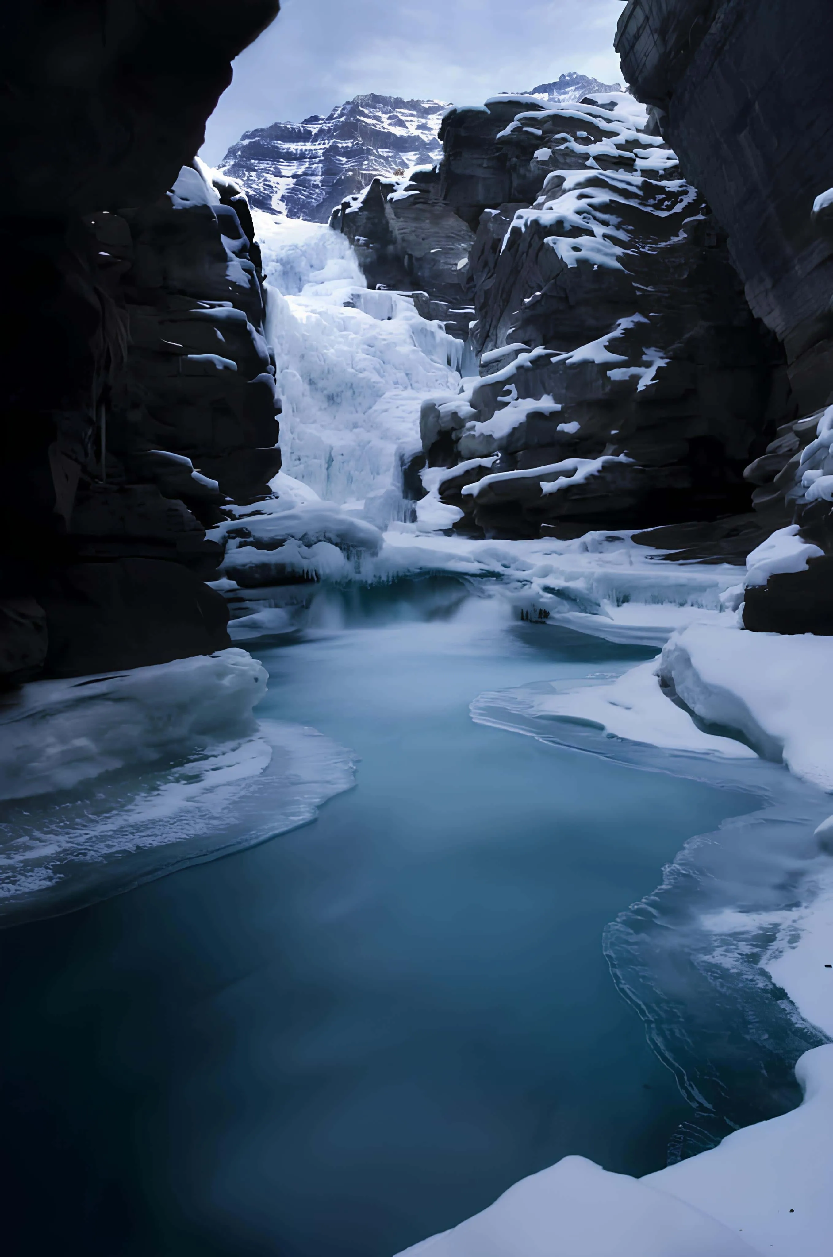 Frozen river and icy waterfall with snowy cliffs
