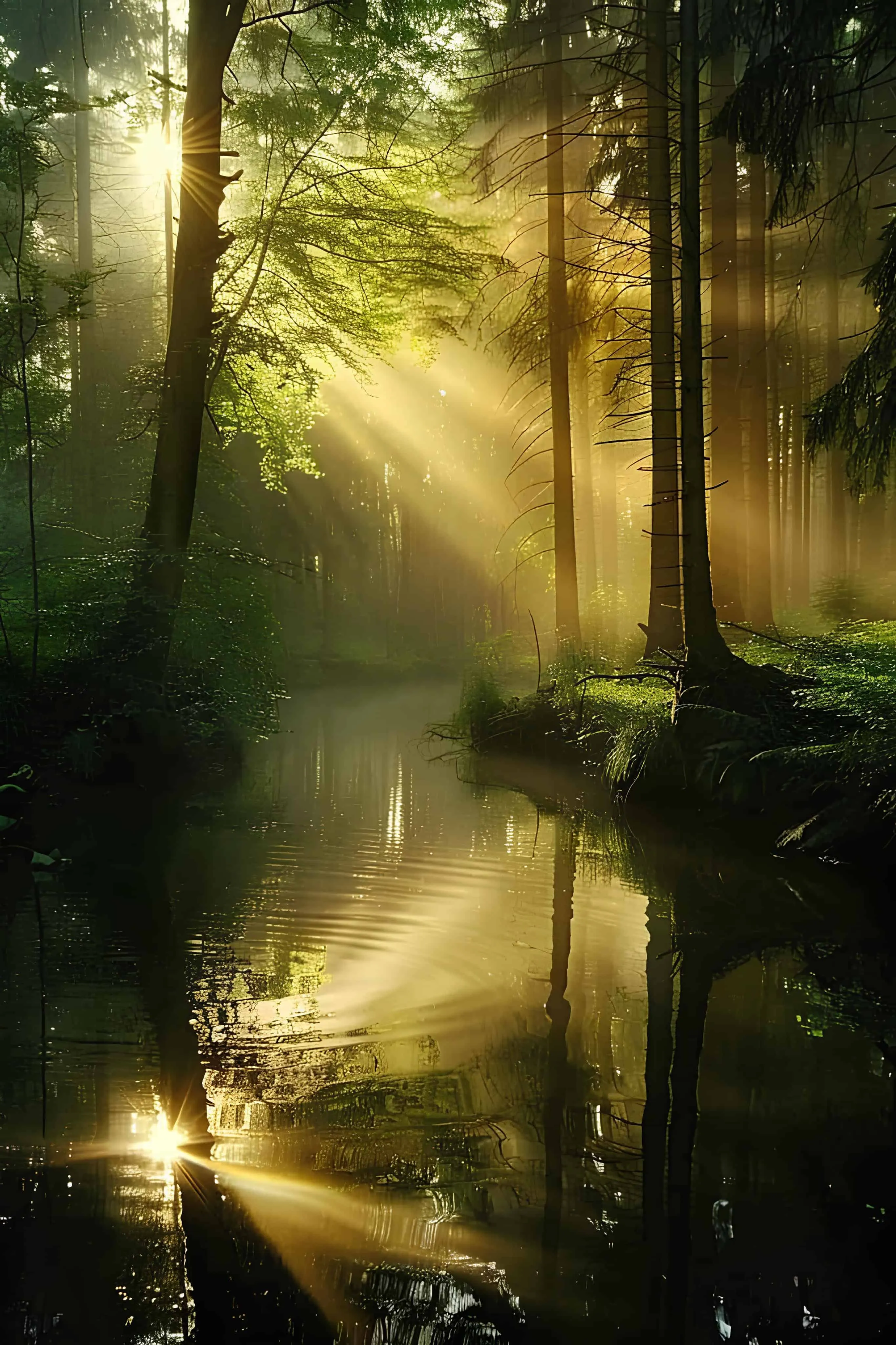 Sunlight casting golden beams across a forest stream