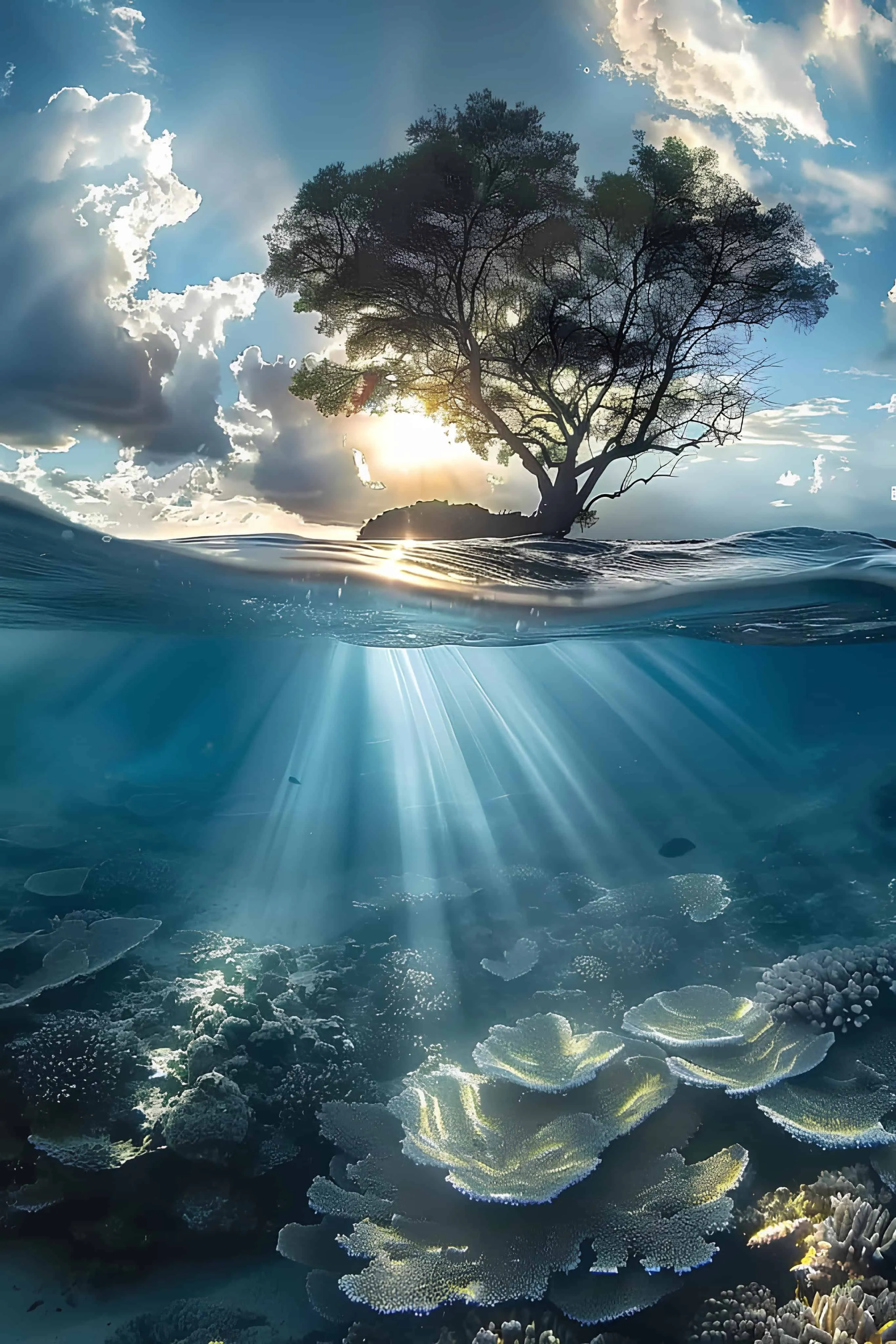 Sunlight penetrating to a coral reef under a tree