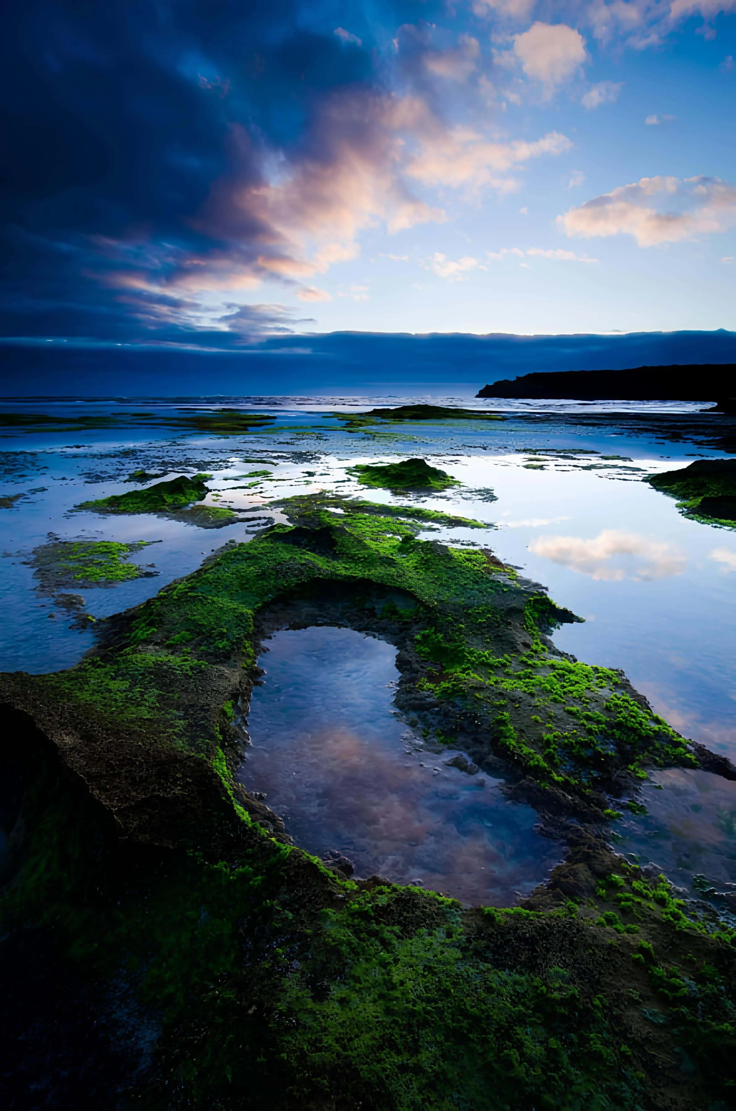 Tidal pools and moss-covered rocks reflecting the sky at sunset
