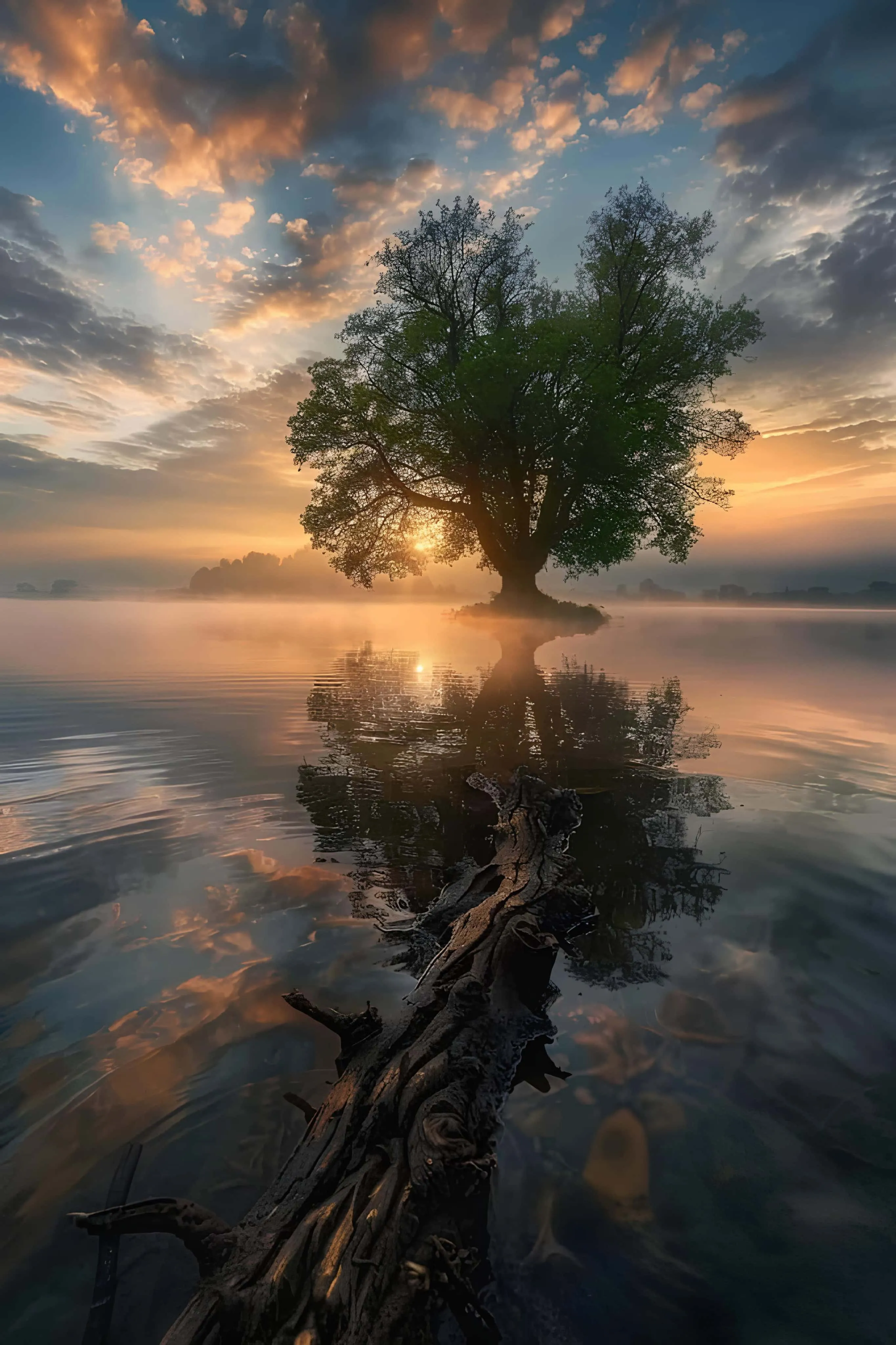 Large tree reflecting on a calm lake at sunset