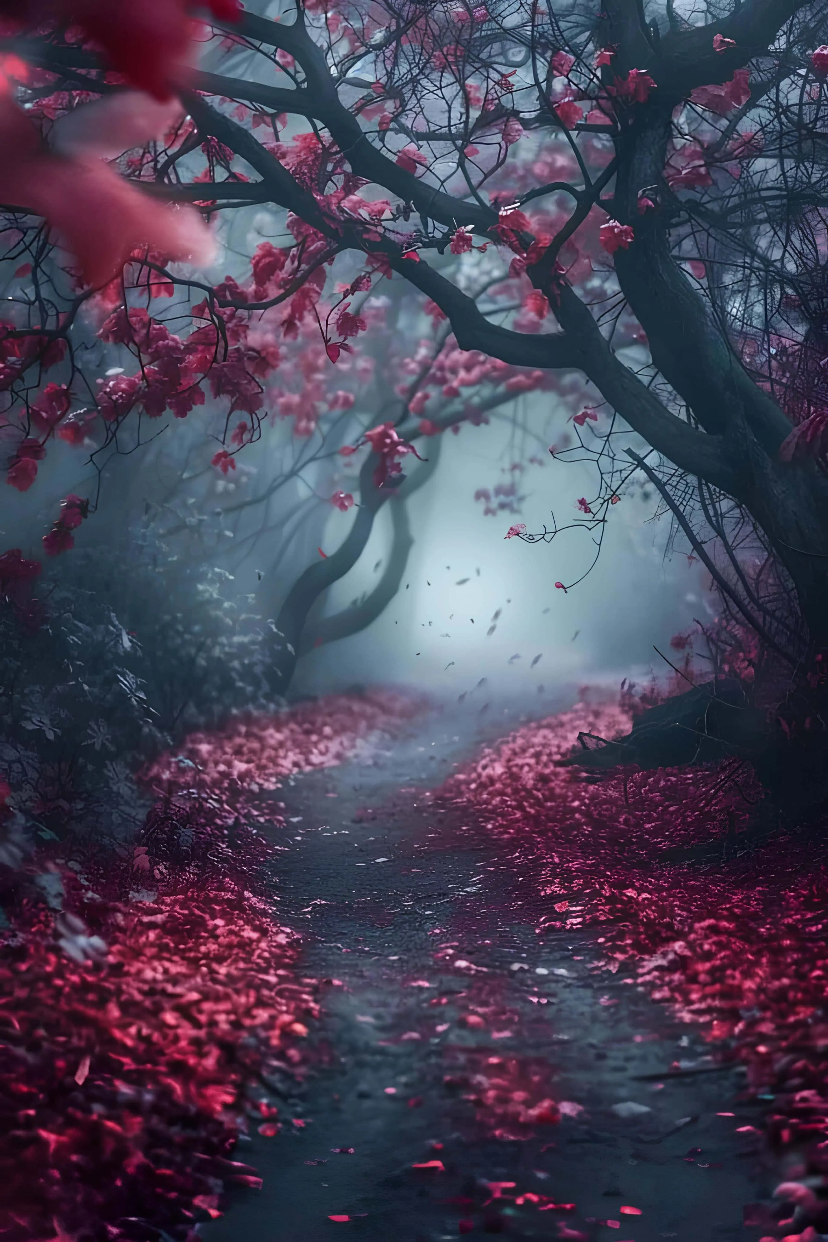 Mystical trail carpeted with pink petals under curved trees