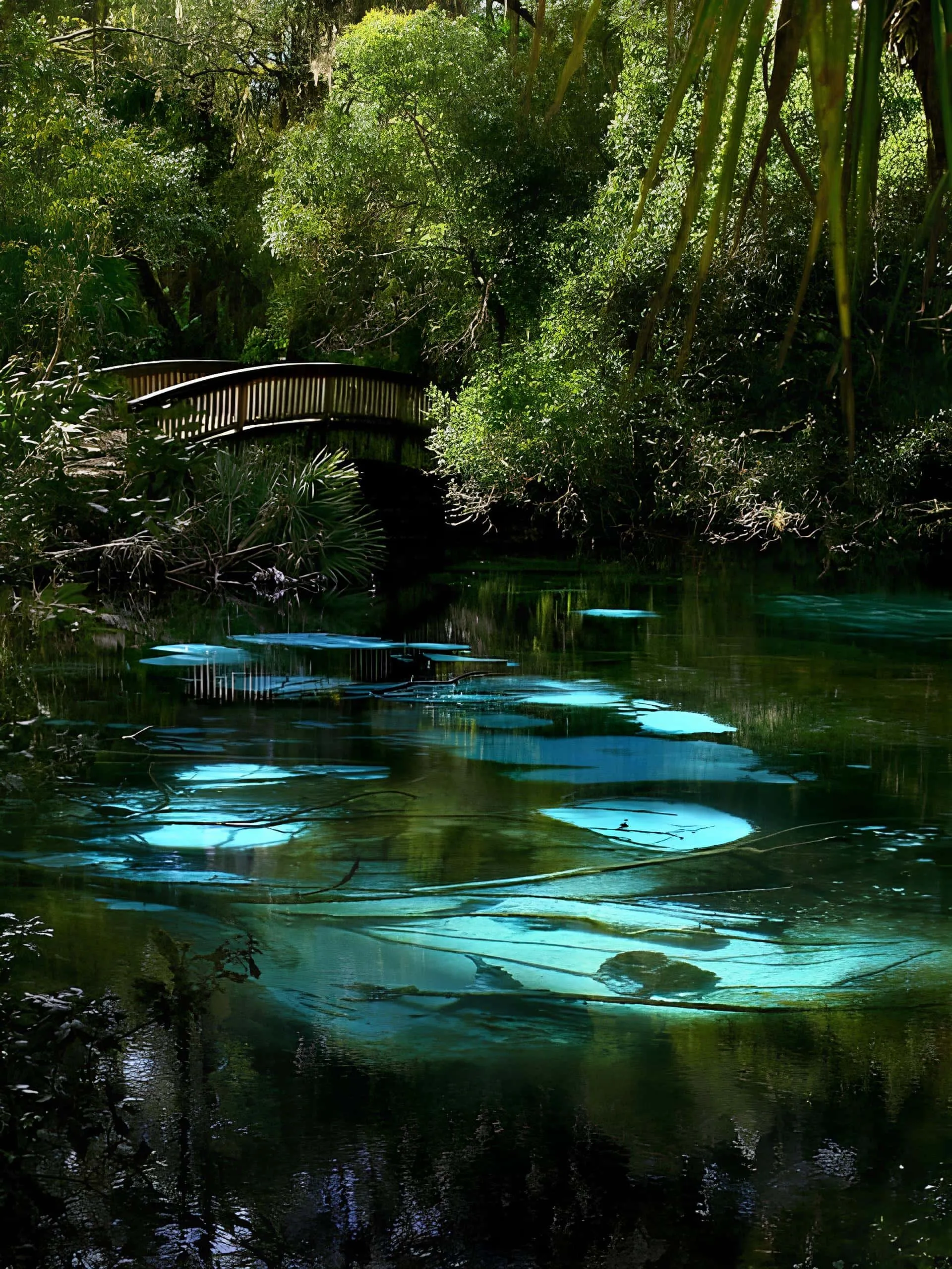 Wooden bridge swaying over a bright turquoise spring in dense forest