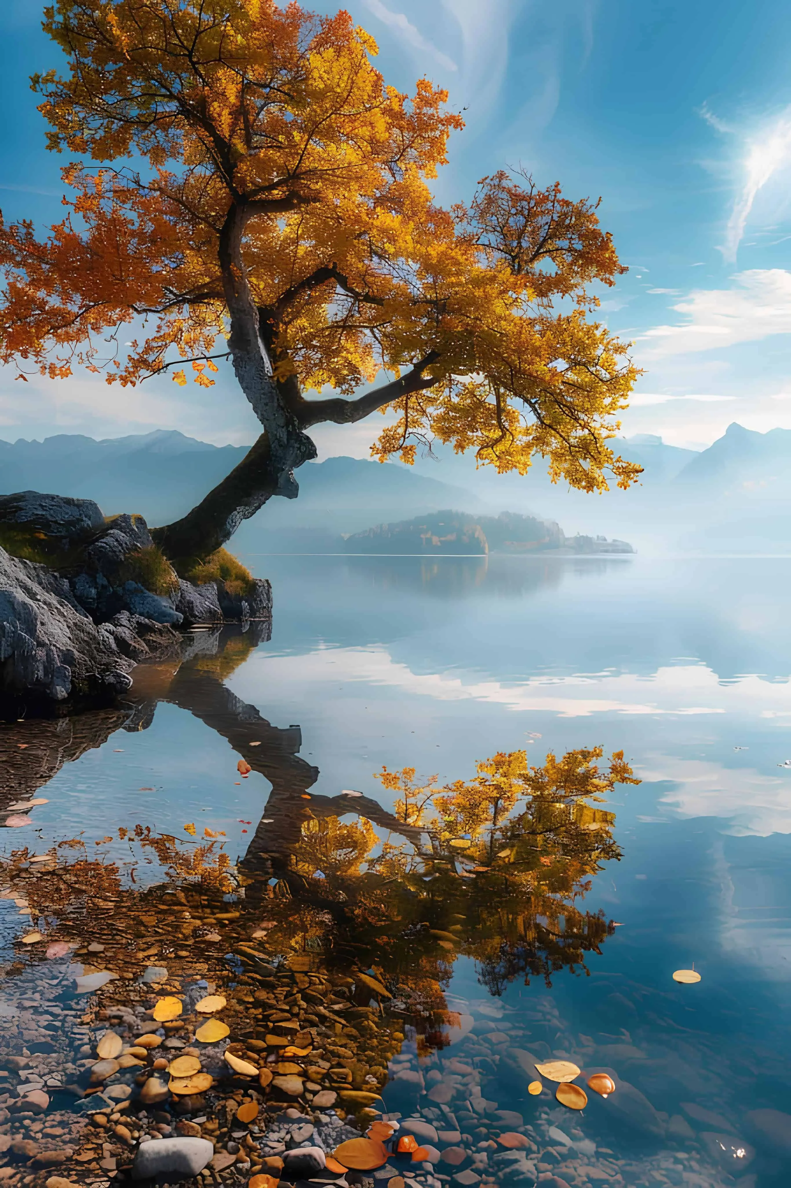 Golden autumn tree bent over a calm reflecting lake