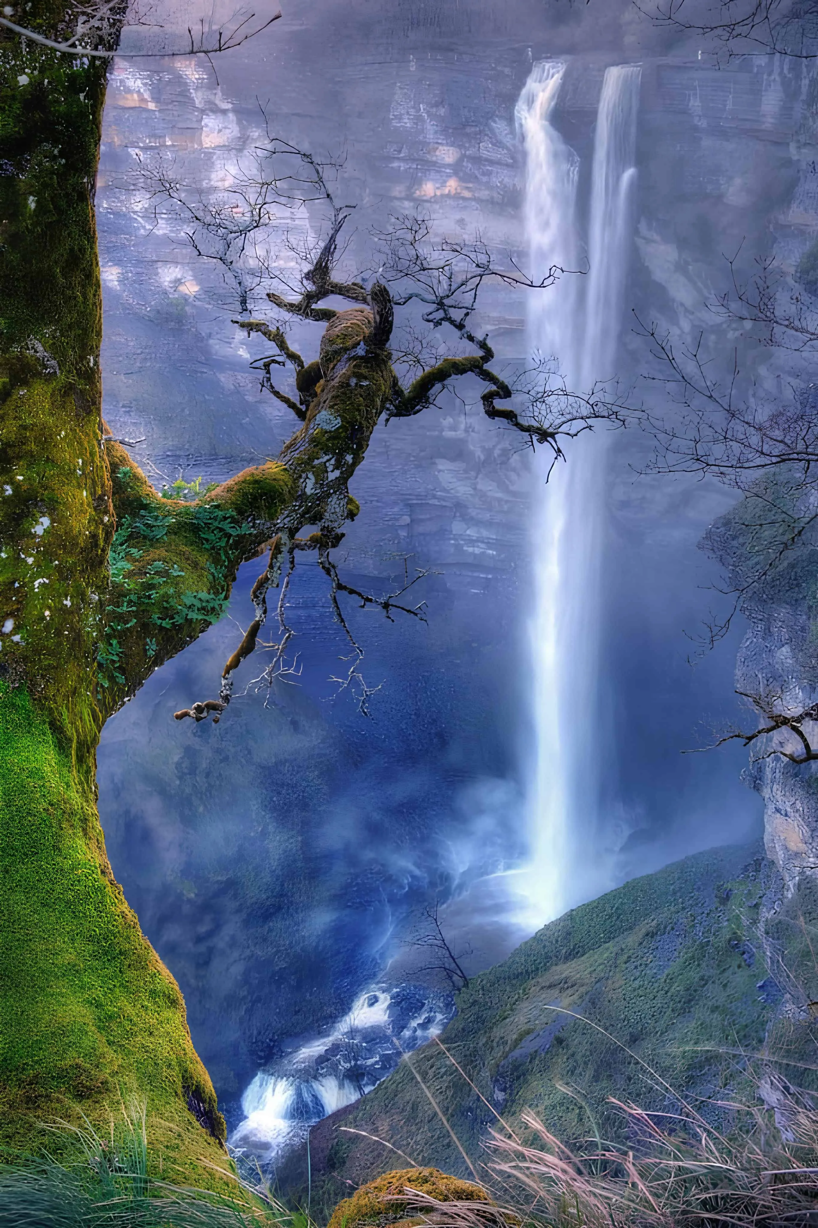 Majestic tree with mossy bark next to a tall waterfall