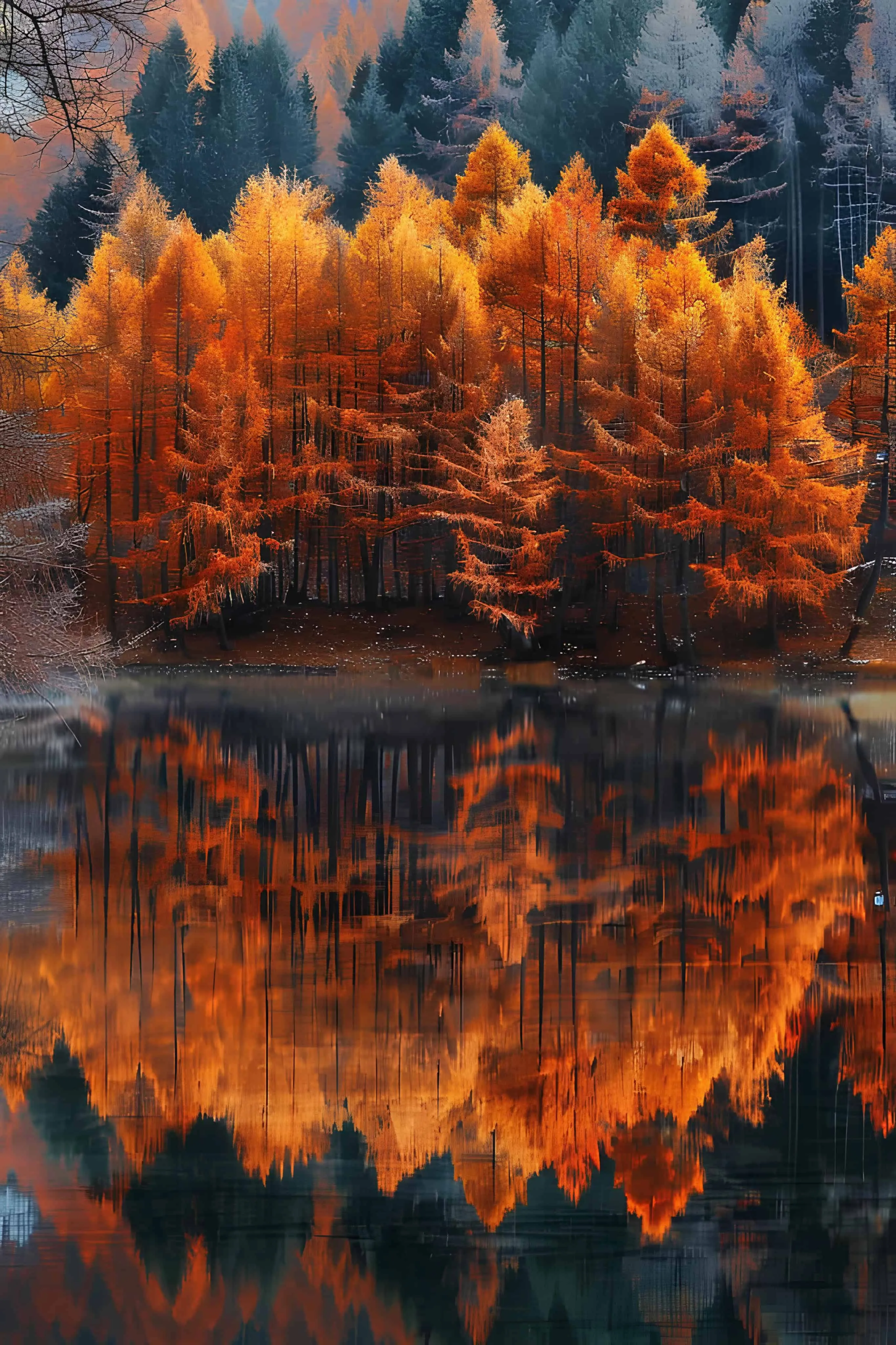 Vibrant orange forest reflecting on calm lake surface