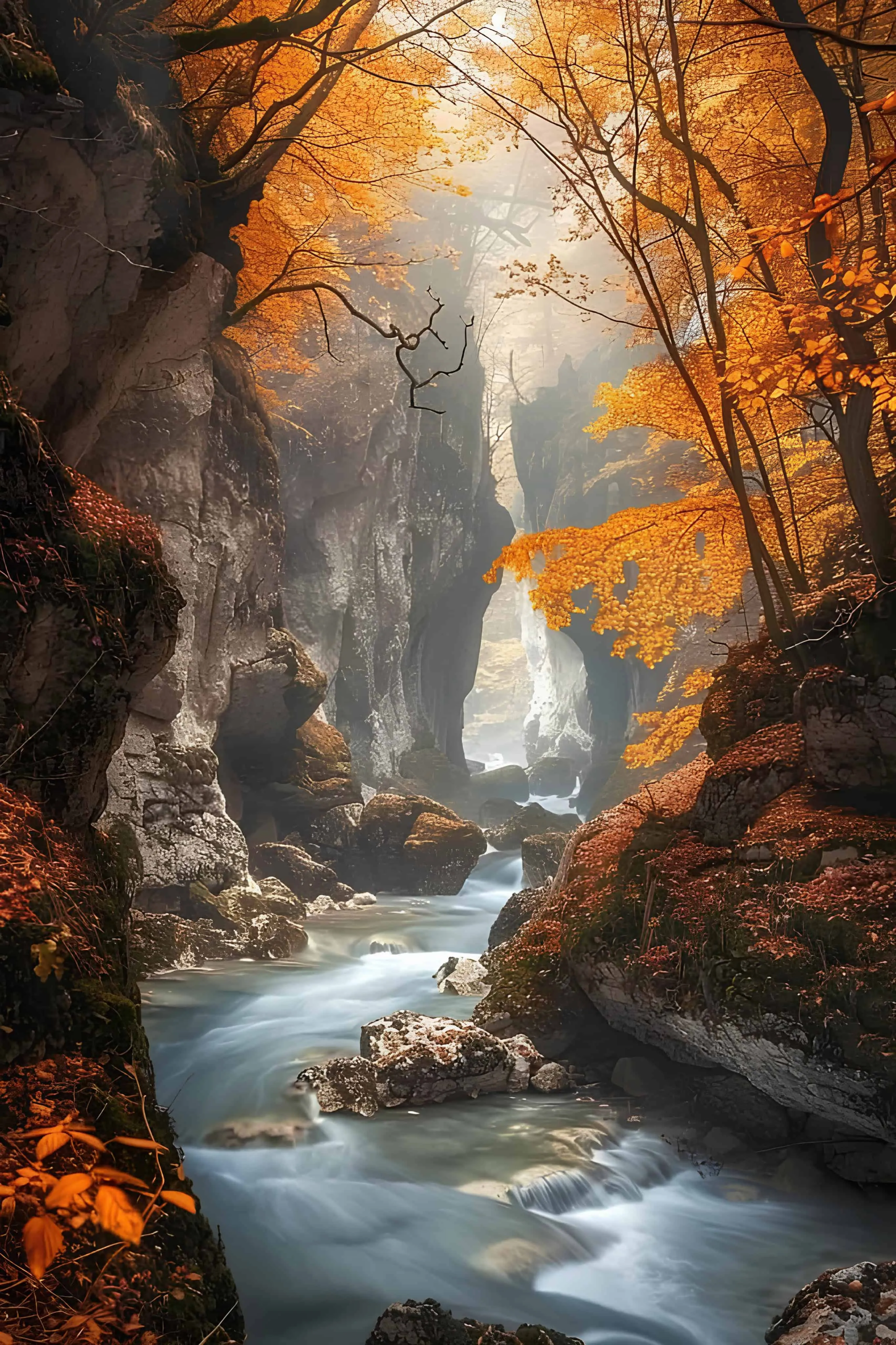River flowing through a rocky autumn canyon with orange leaves