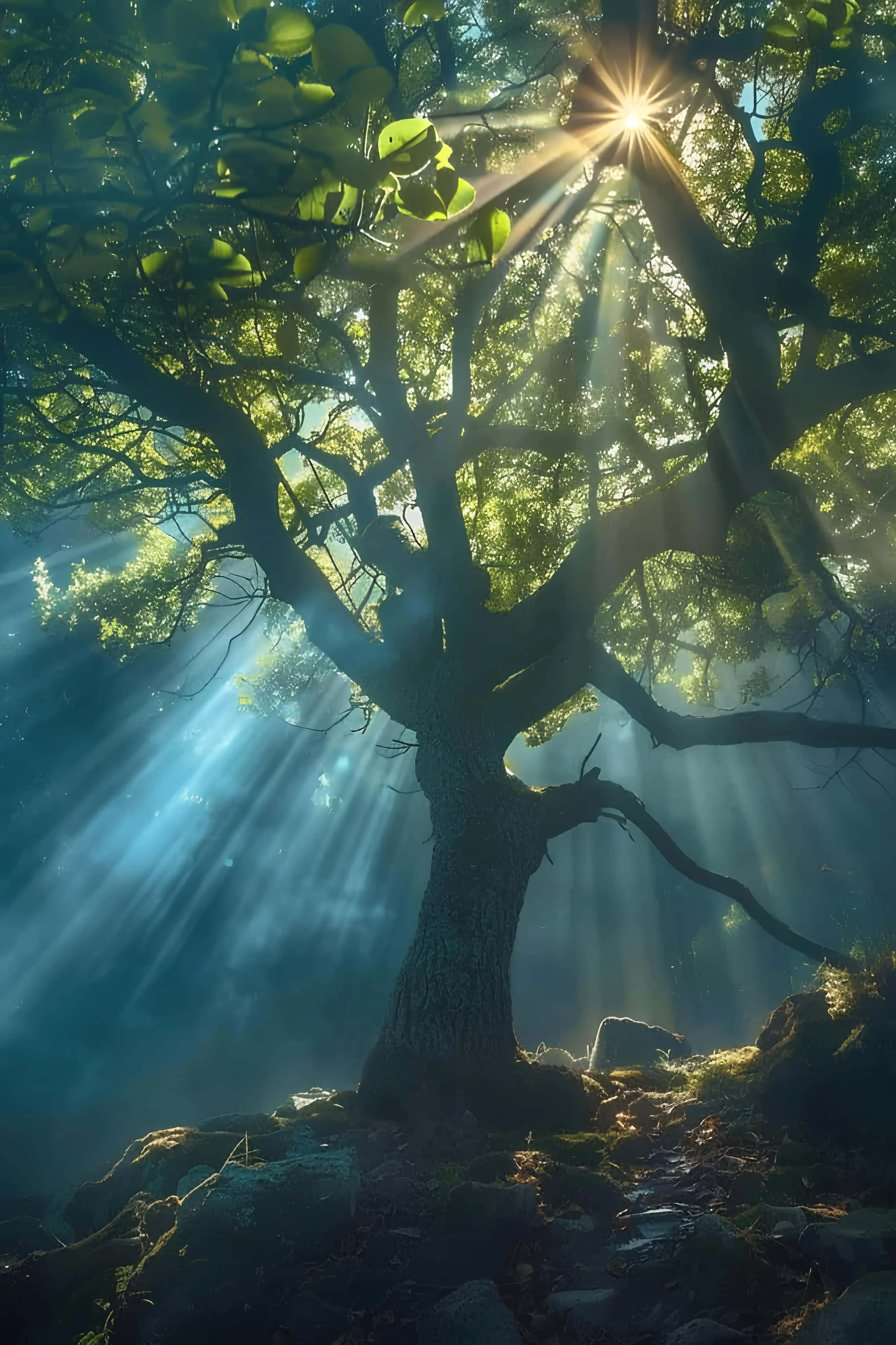 Sunlight filtering through dense green foliage in a forest
