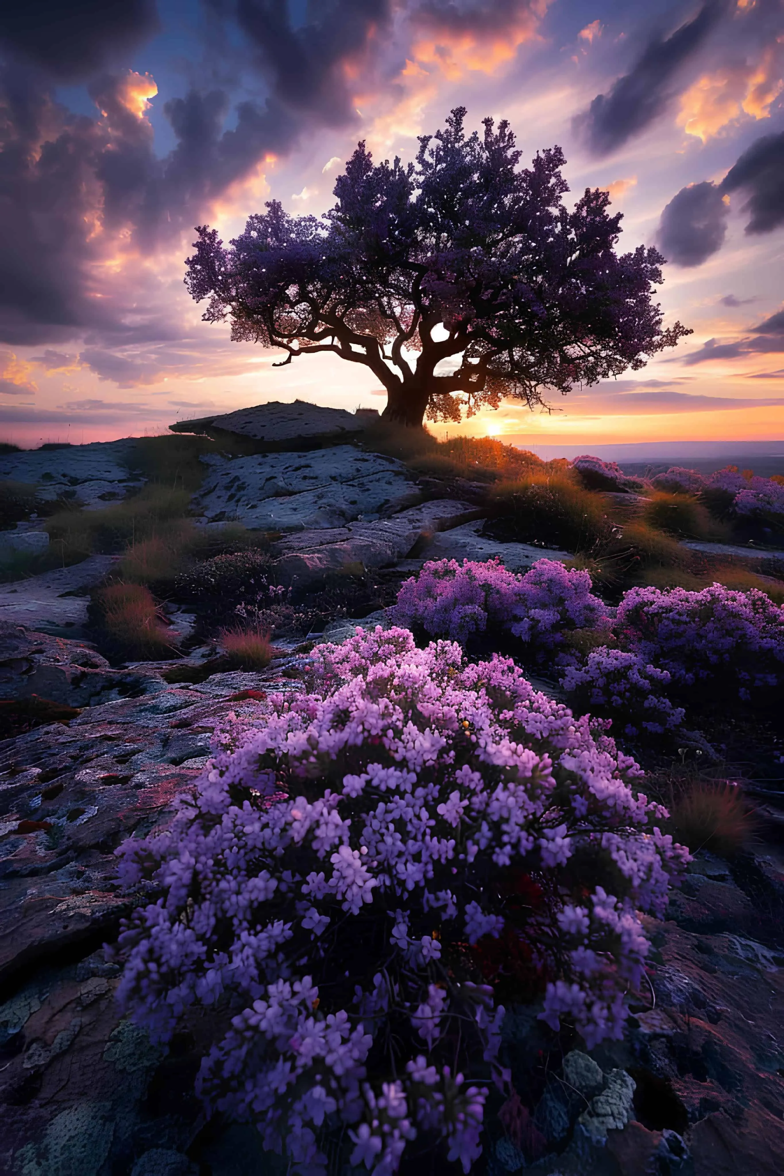 Tree on a rocky hill glowing with purple flowers at sunset