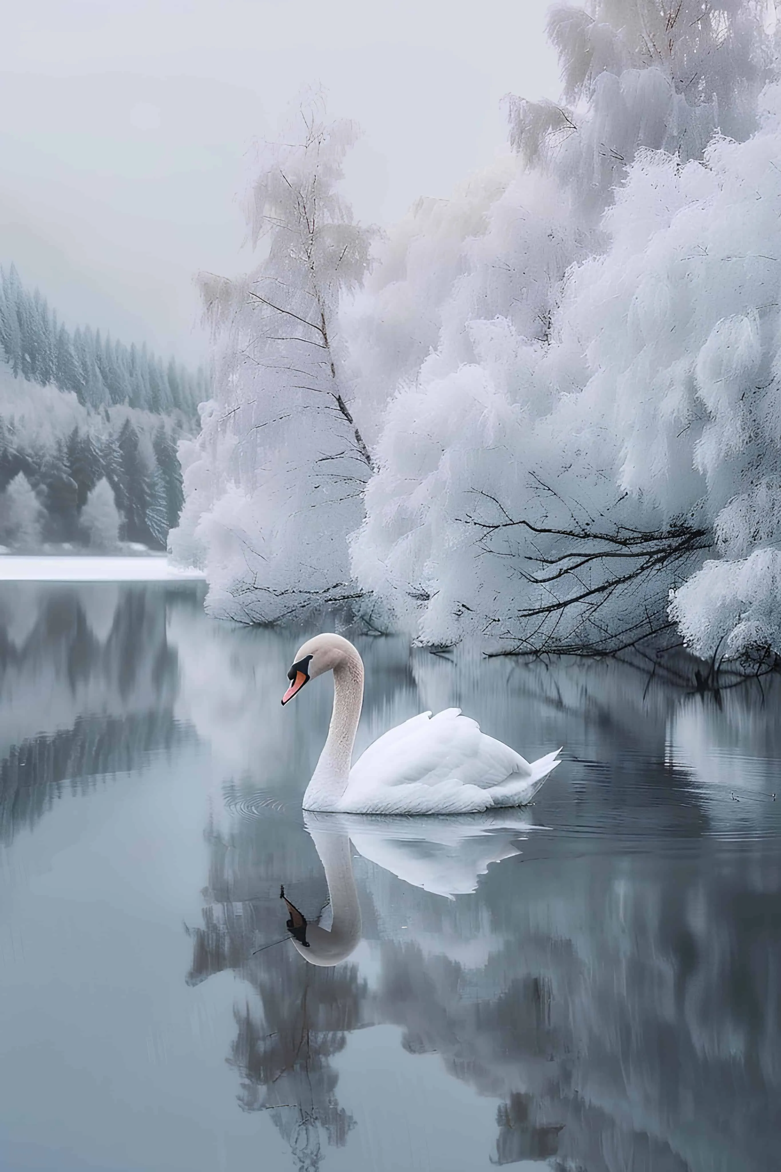 Elegant swan gliding on calm, snowy lake surface