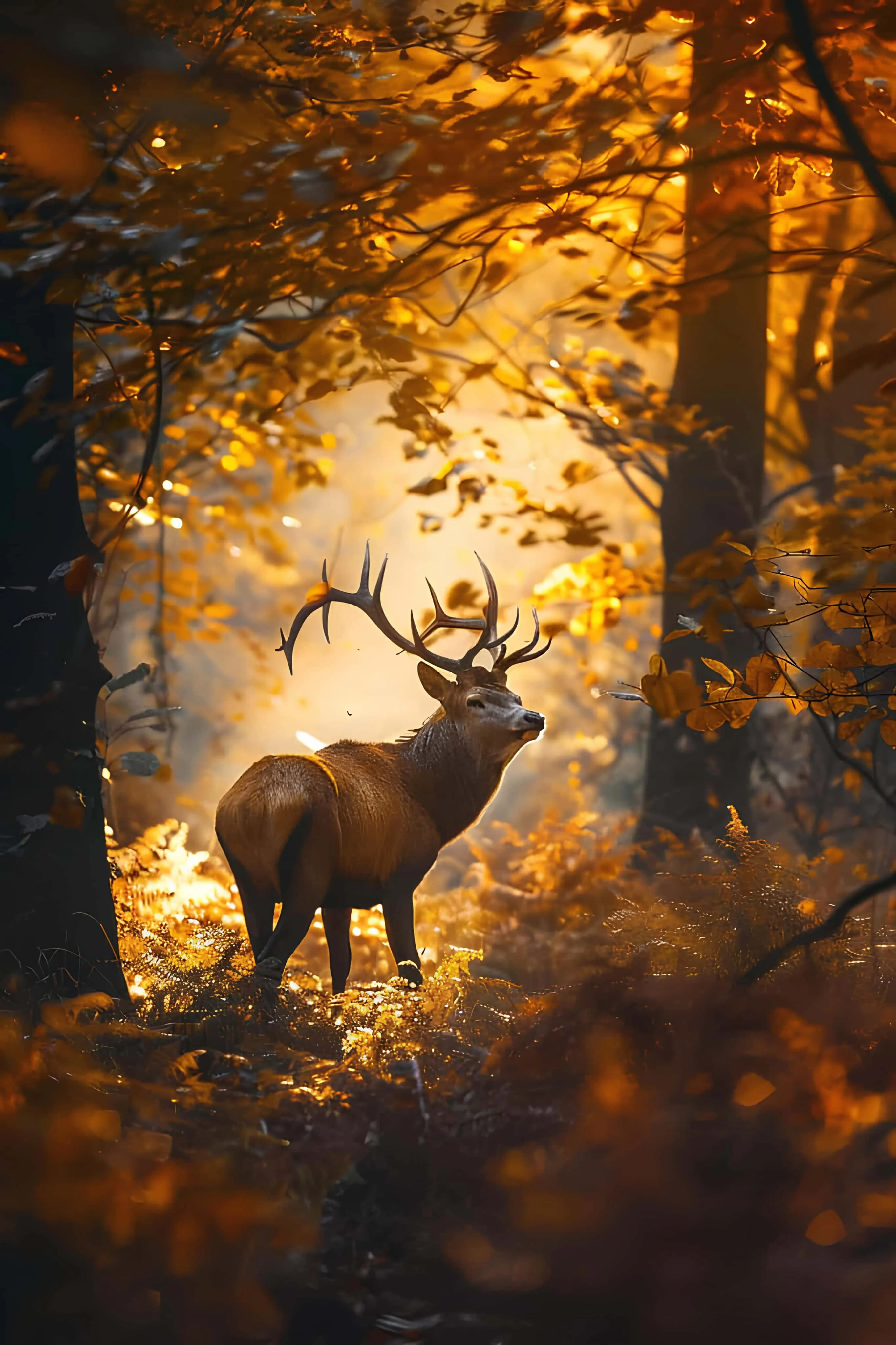 Majestic deer standing in shimmering autumn leaves