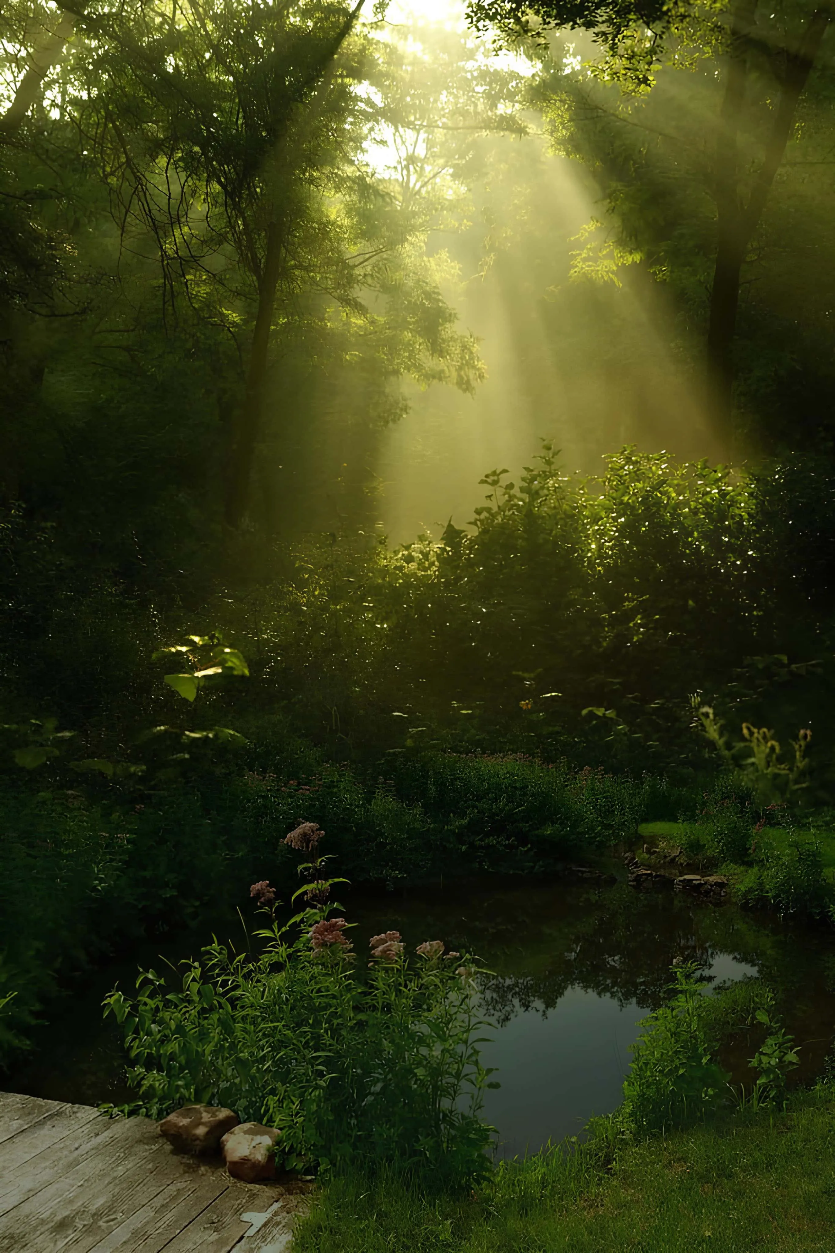 Golden sunlight filtering through trees on a lake in a forest clearing