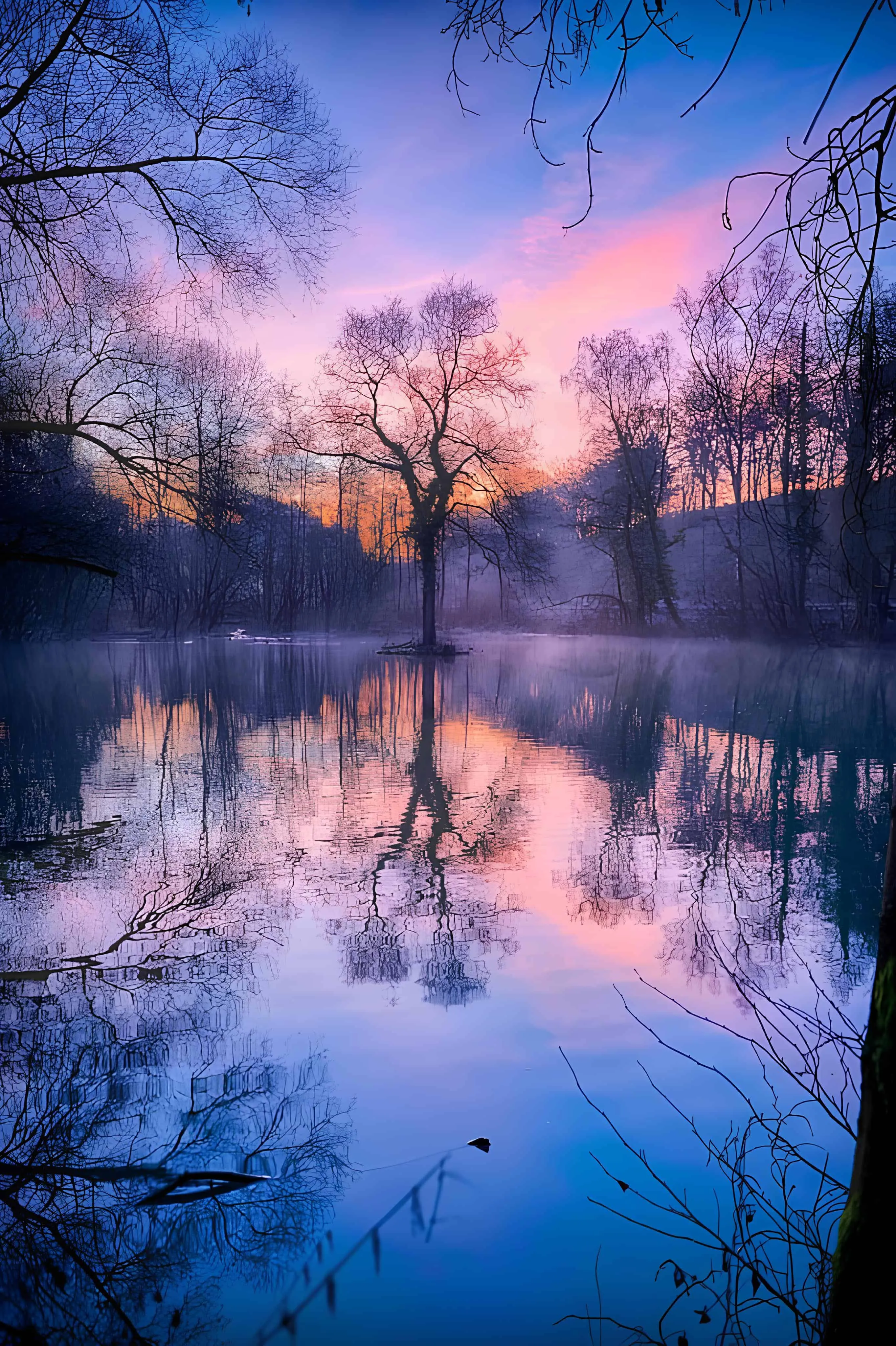 Vibrant pink and orange sunset sky reflected on a calm forest lake