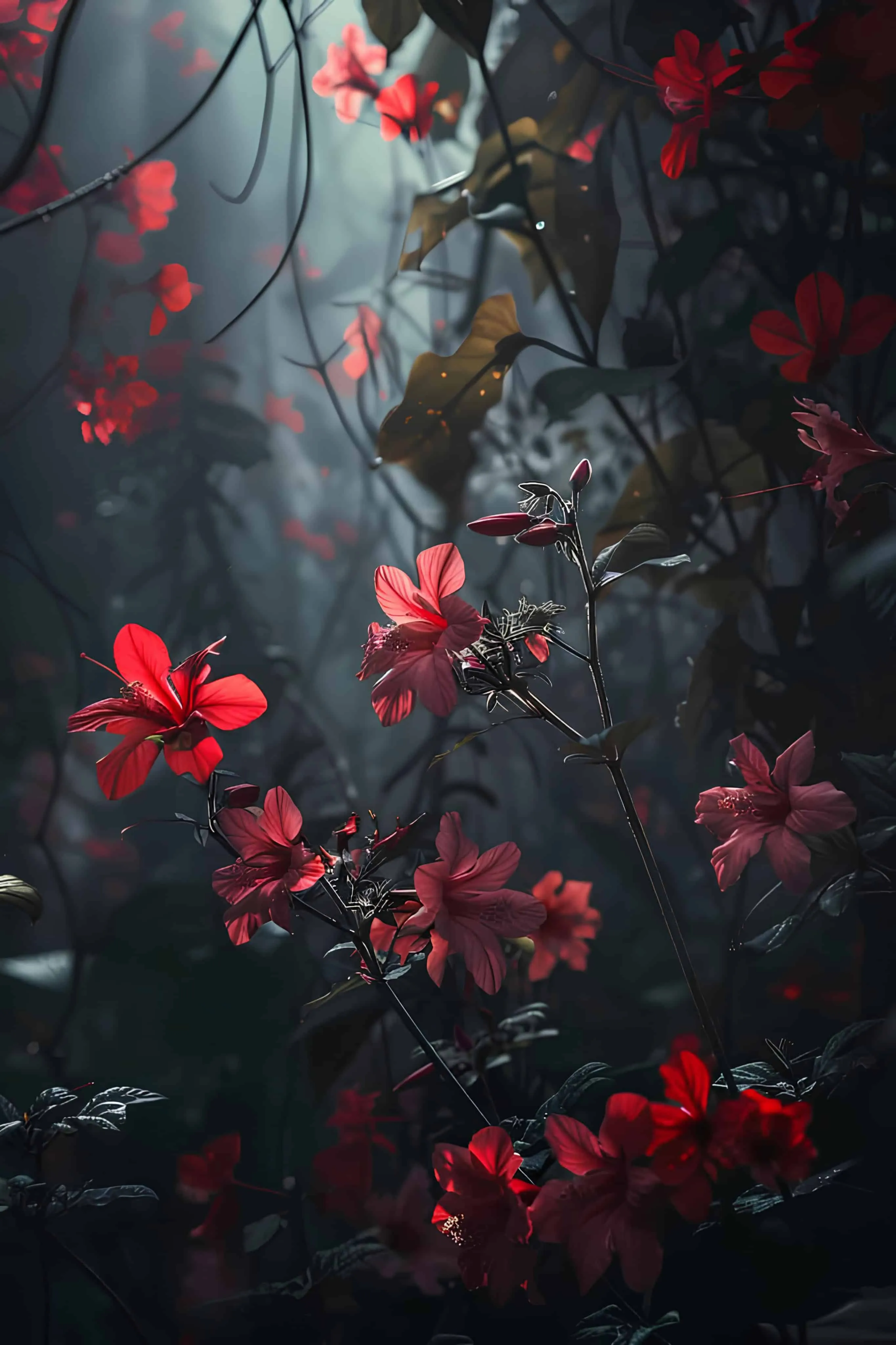 Delicate red flowers blooming in the dim forest light