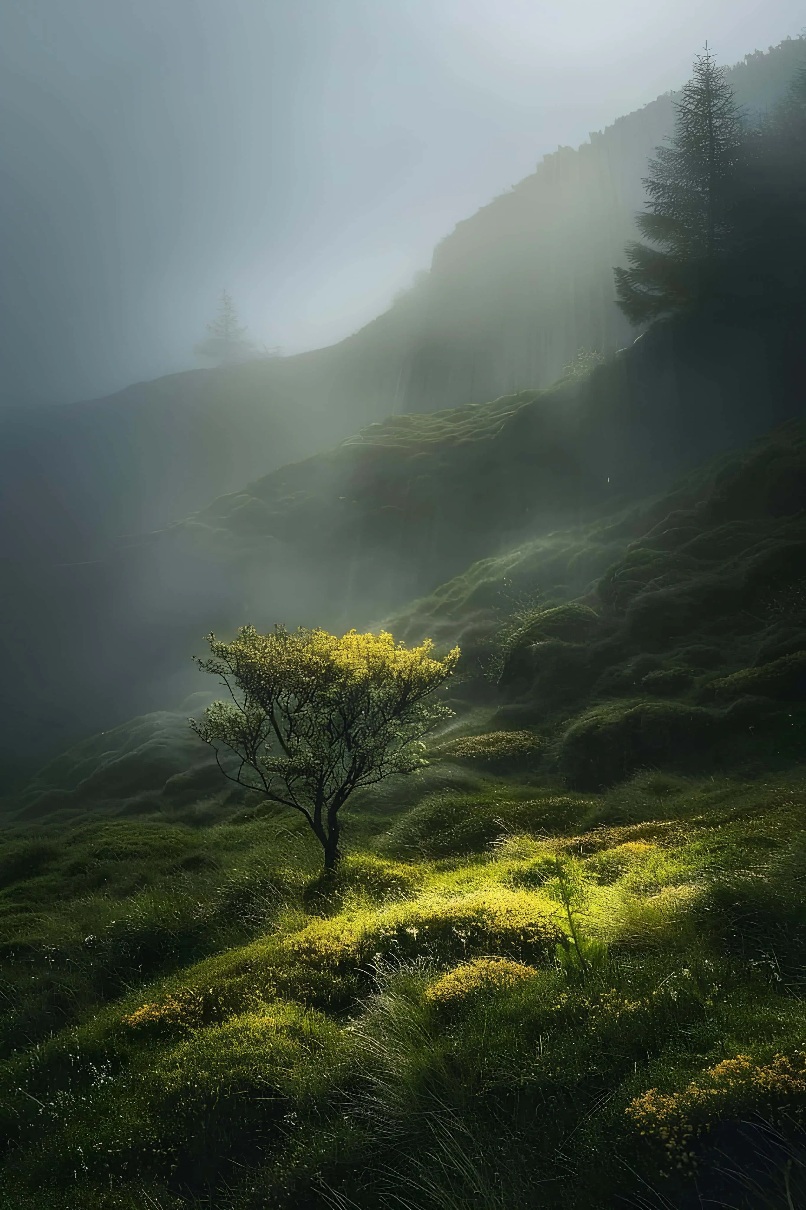 A single tree glowing under sunlight on a mossy slope