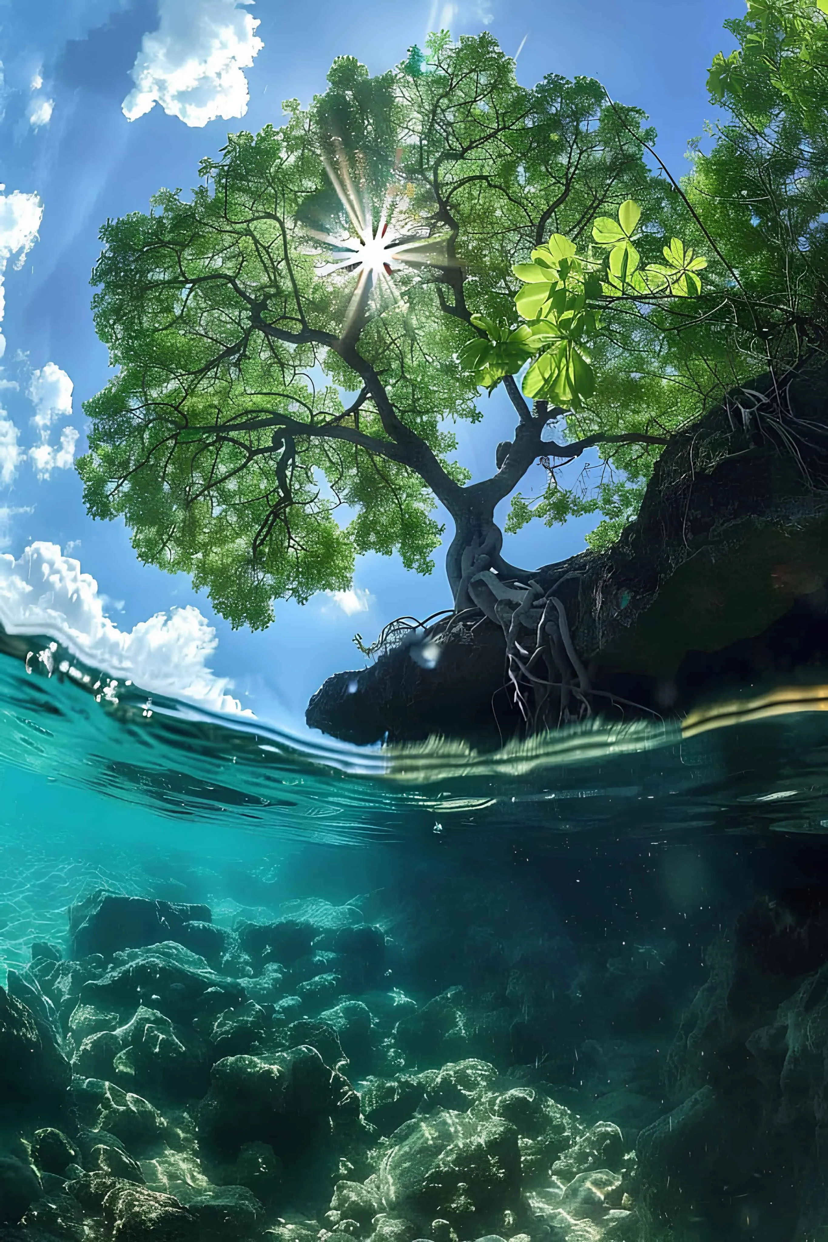 Tropical tree over water and coral reef underwater
