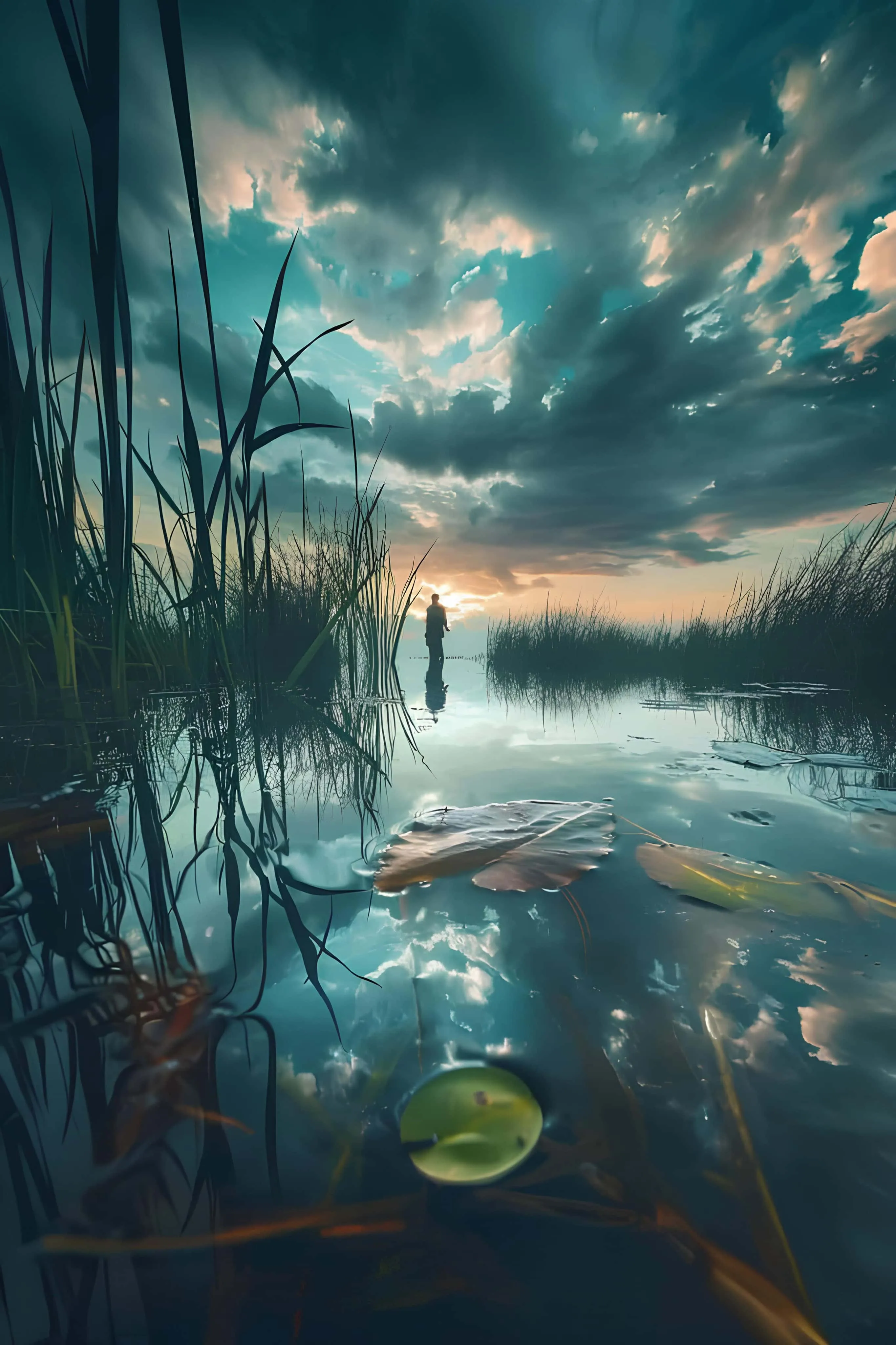Fisherman's silhouette reflected on calm marshes at sunset