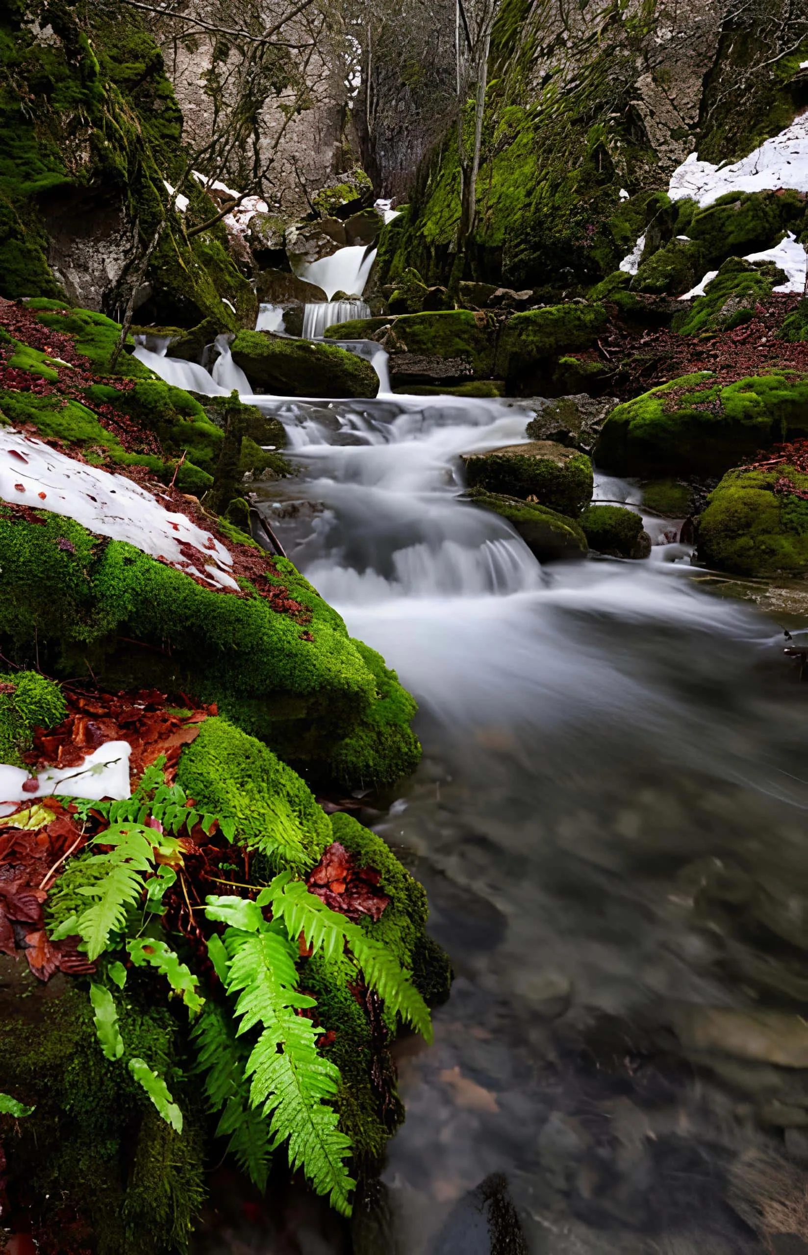 Stream with small waterfalls flowing over moss-covered stones