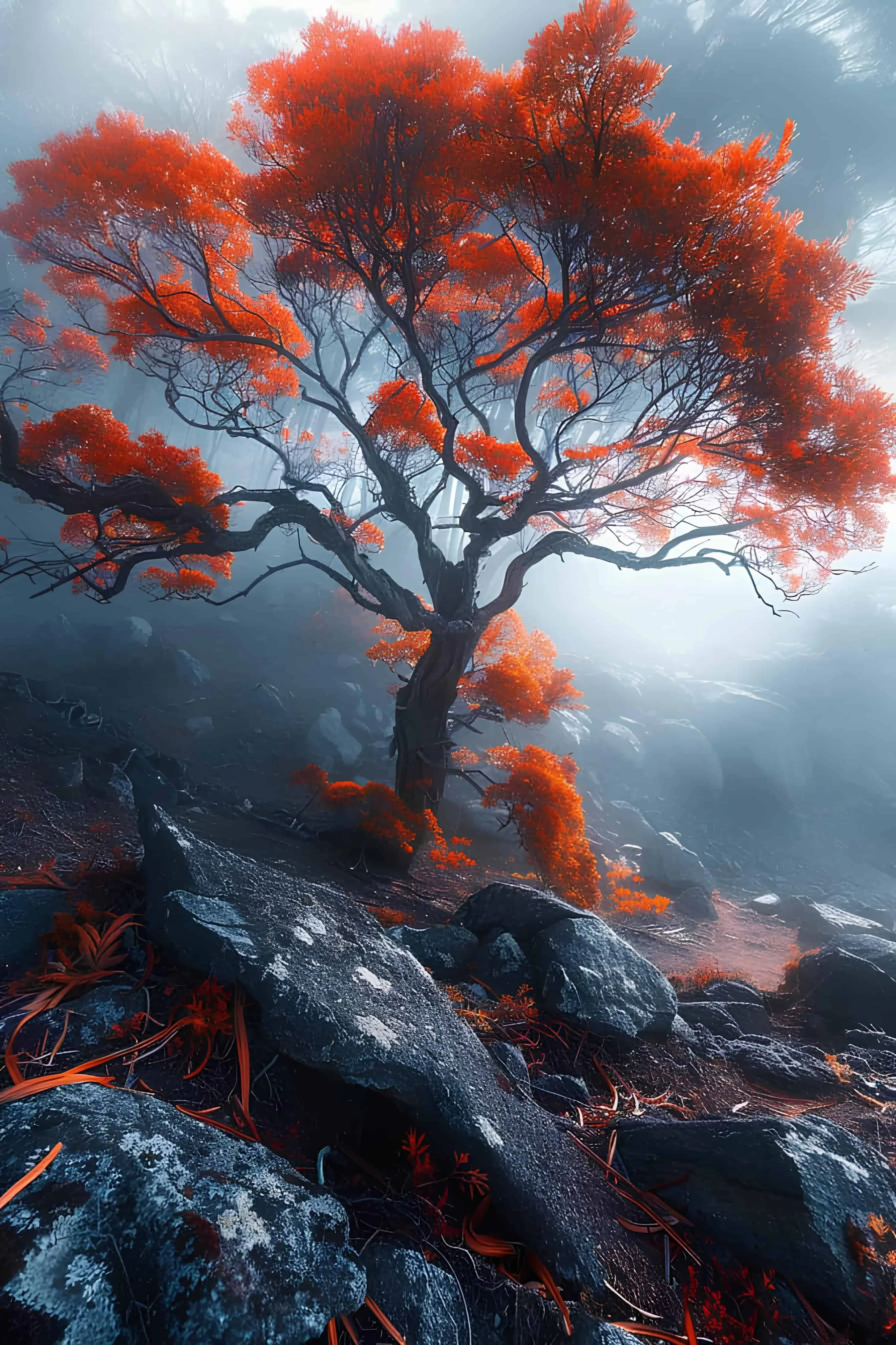 Winding red tree standing in a dreamy, misty forest
