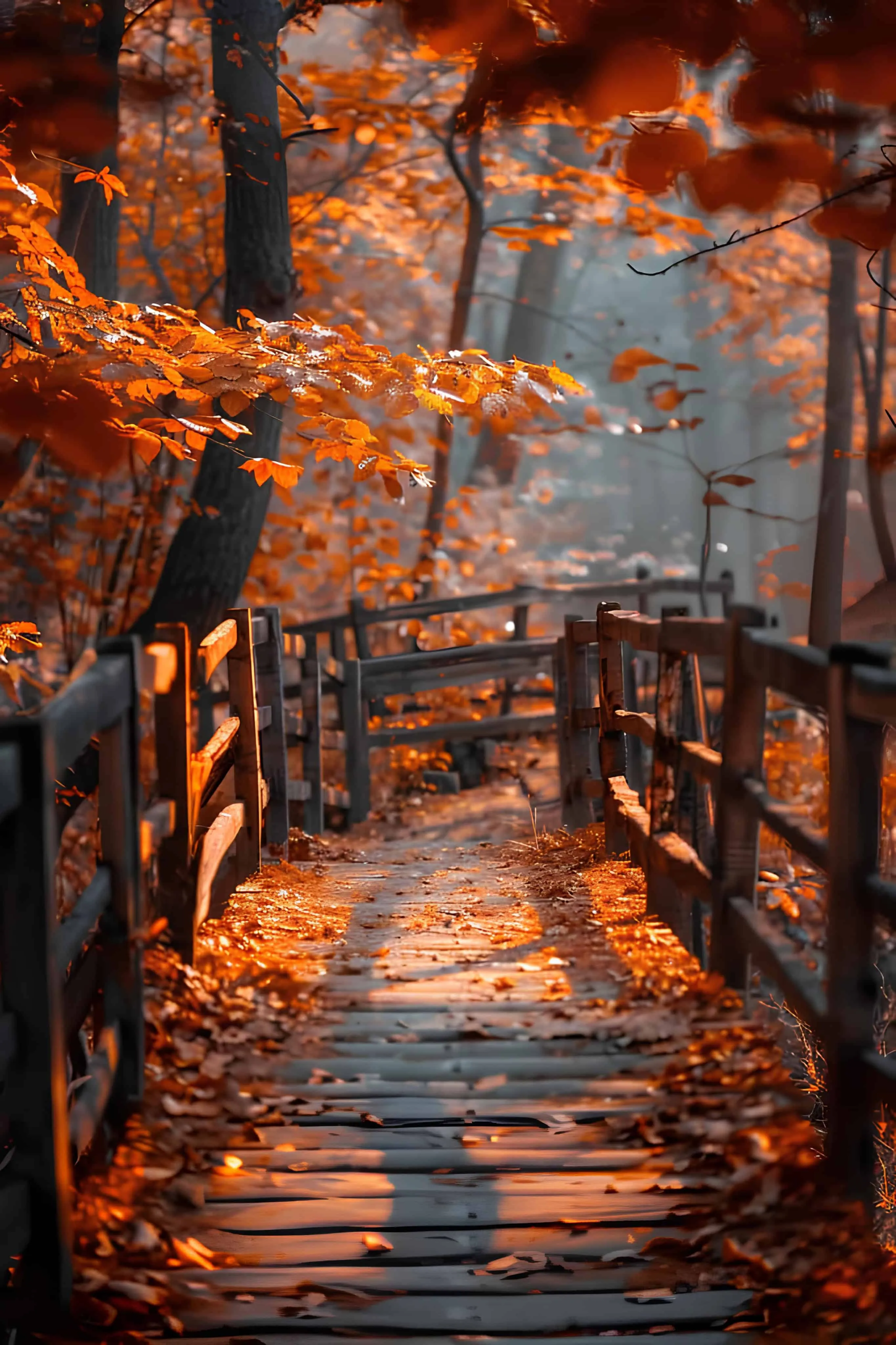Enchanting wooden trail covered with falling autumn leaves