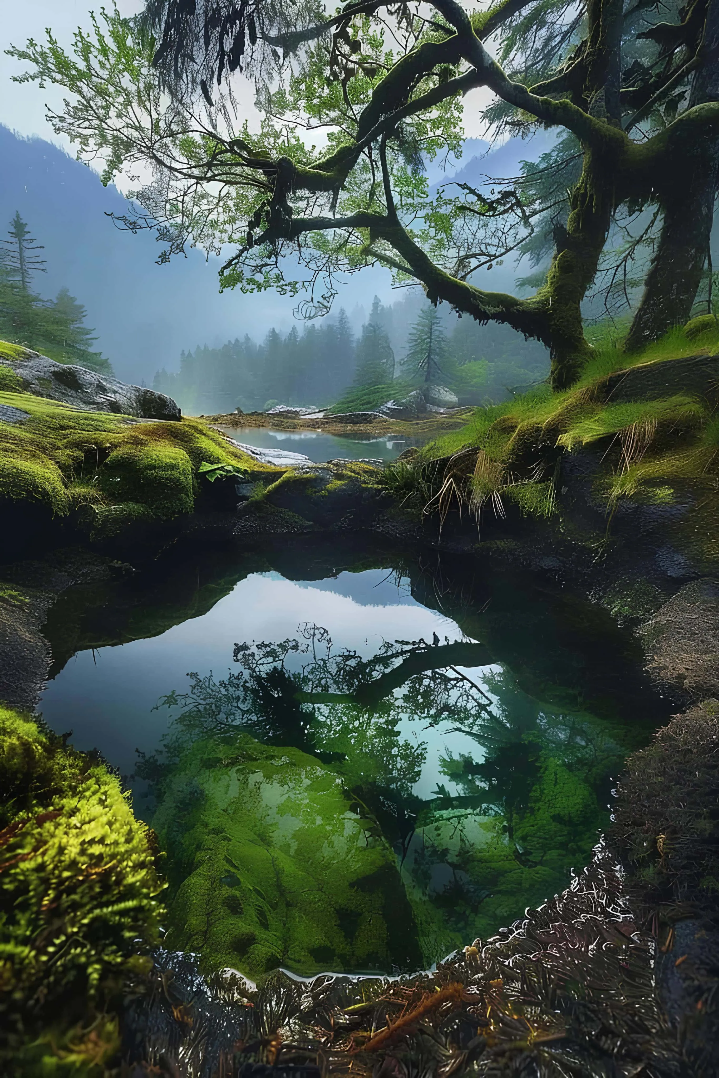Green forest reflected in a hidden mountain pond