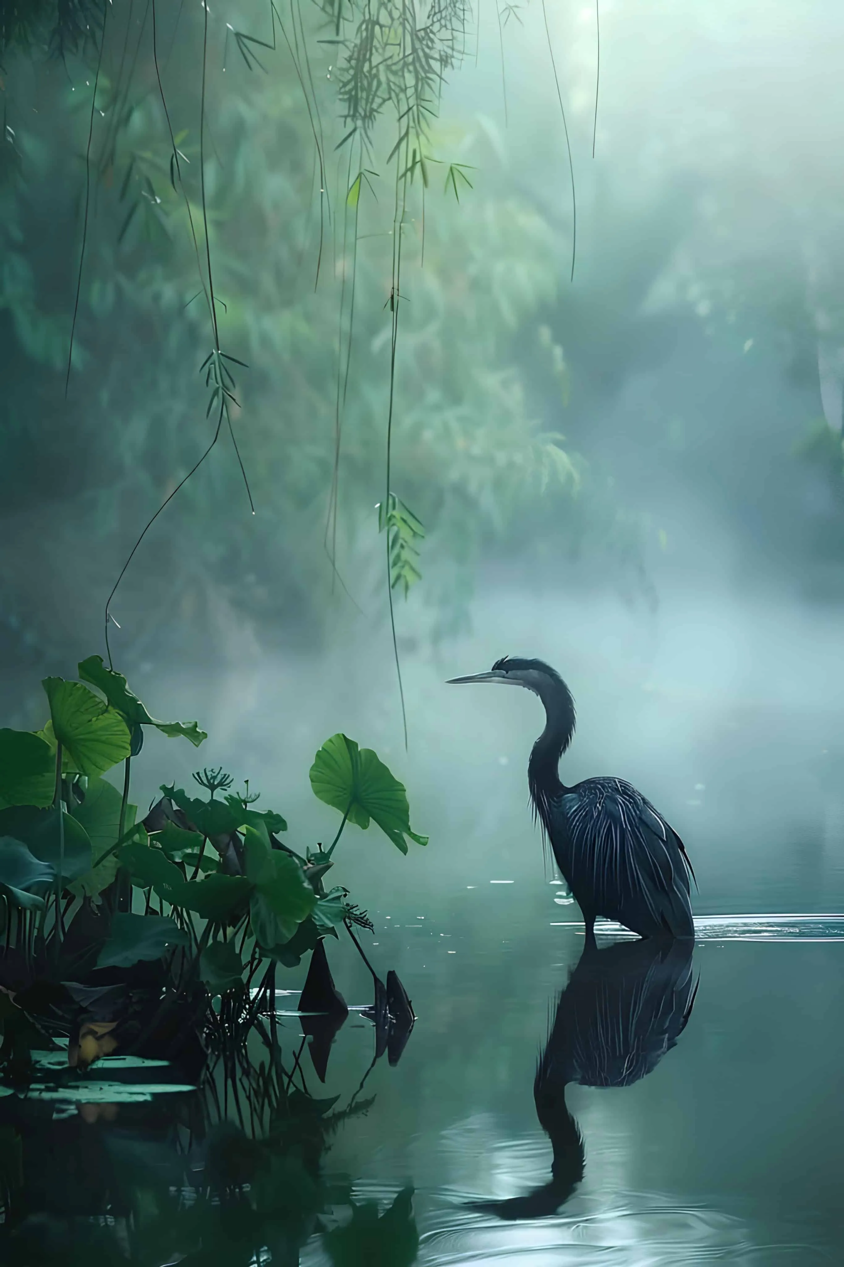 Herons silently standing in a calm, mist-covered river