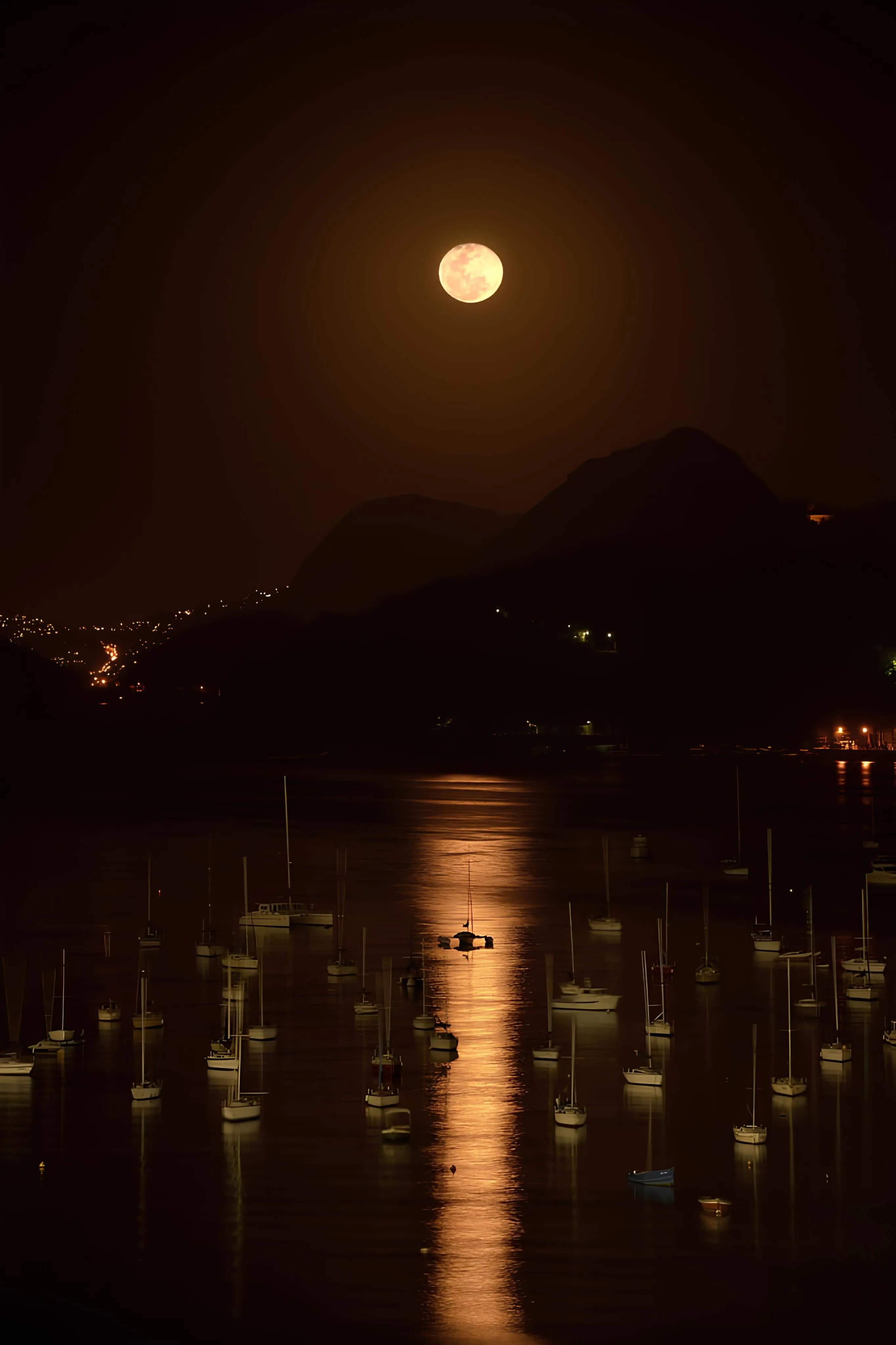 Full moon reflected on calm water with sails in a quiet harbor