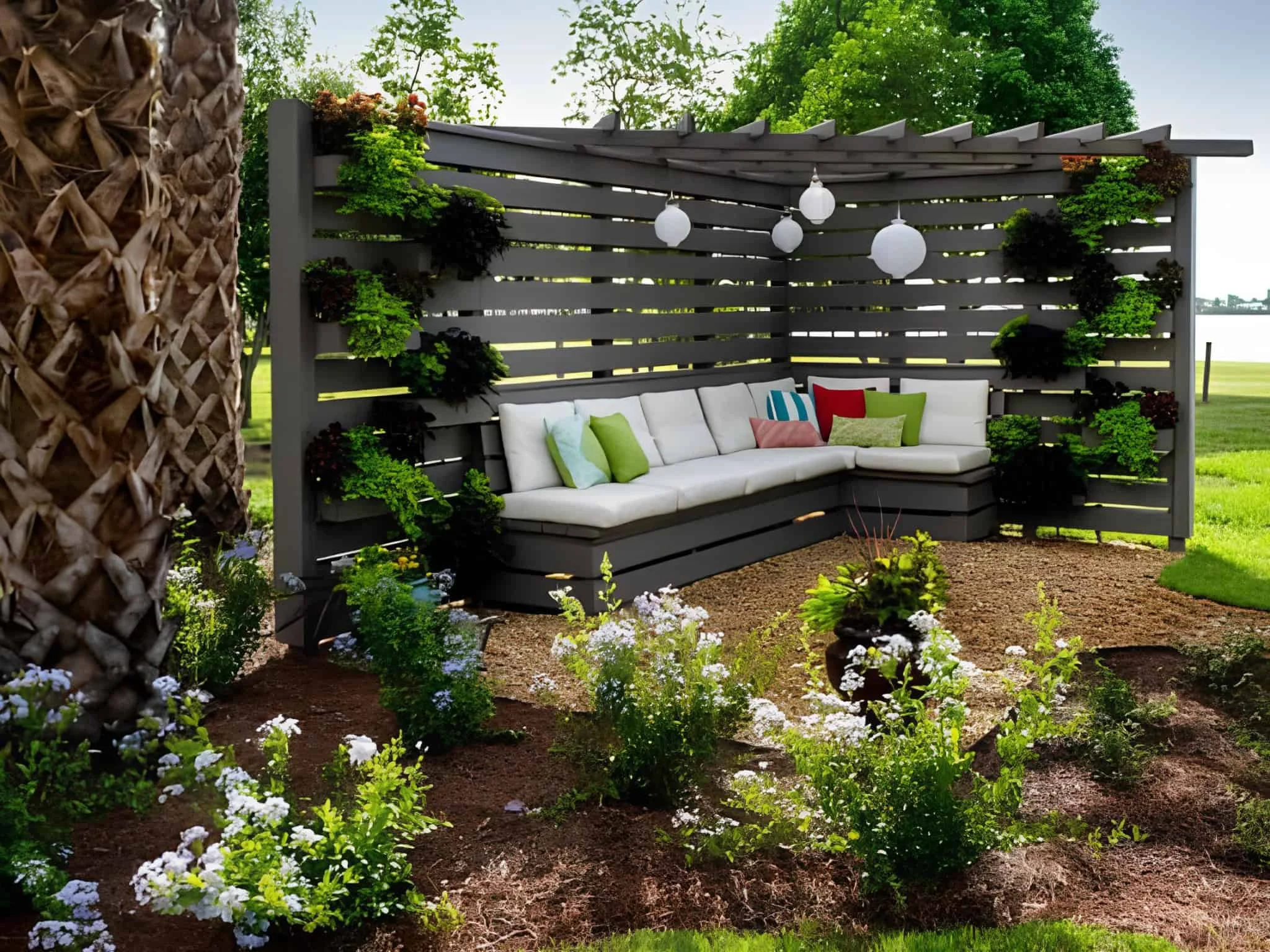 弯曲木质屏风与内置花盆和温馨家具