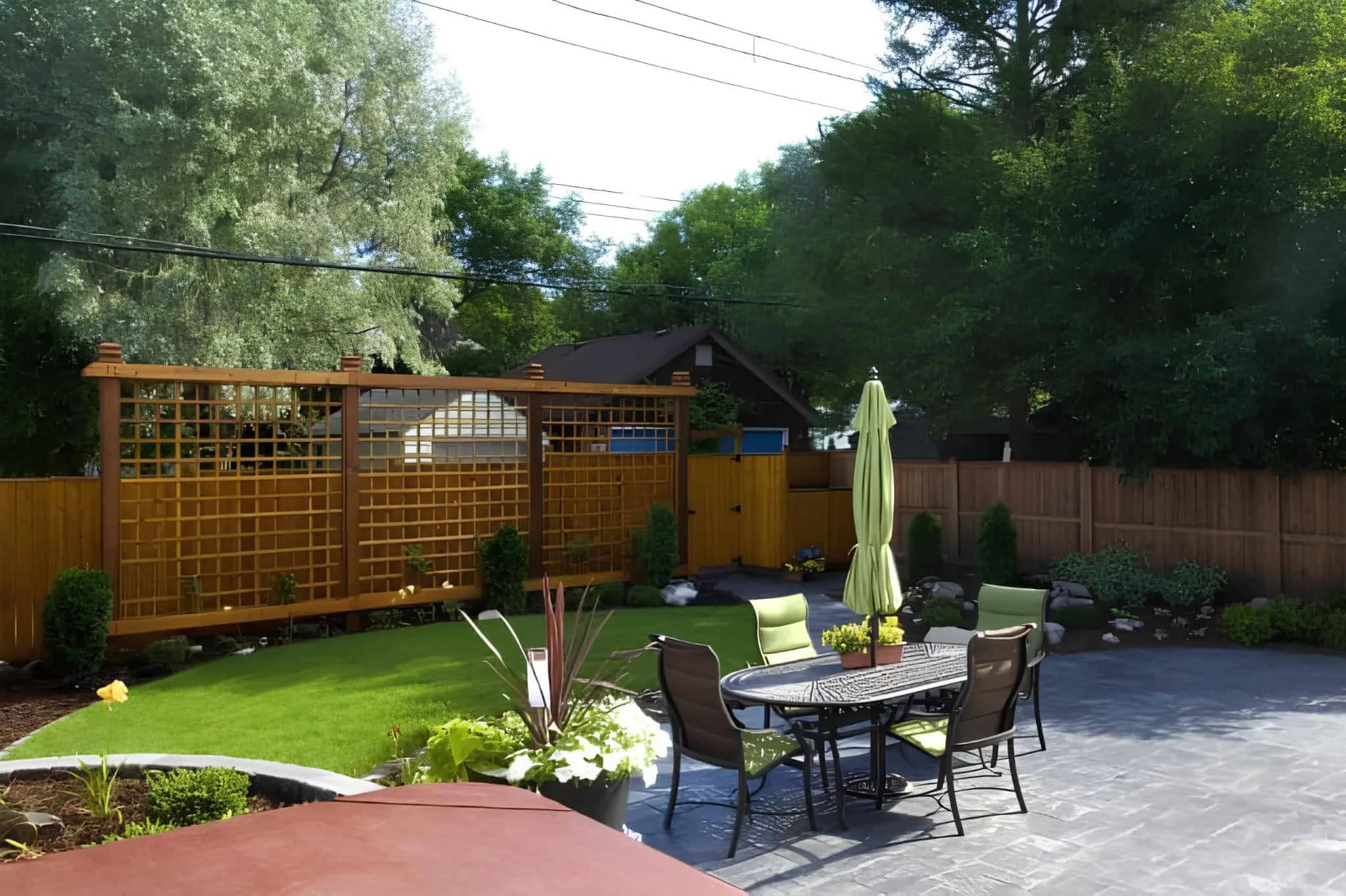 带格栅木质围栏与露台家具的后院