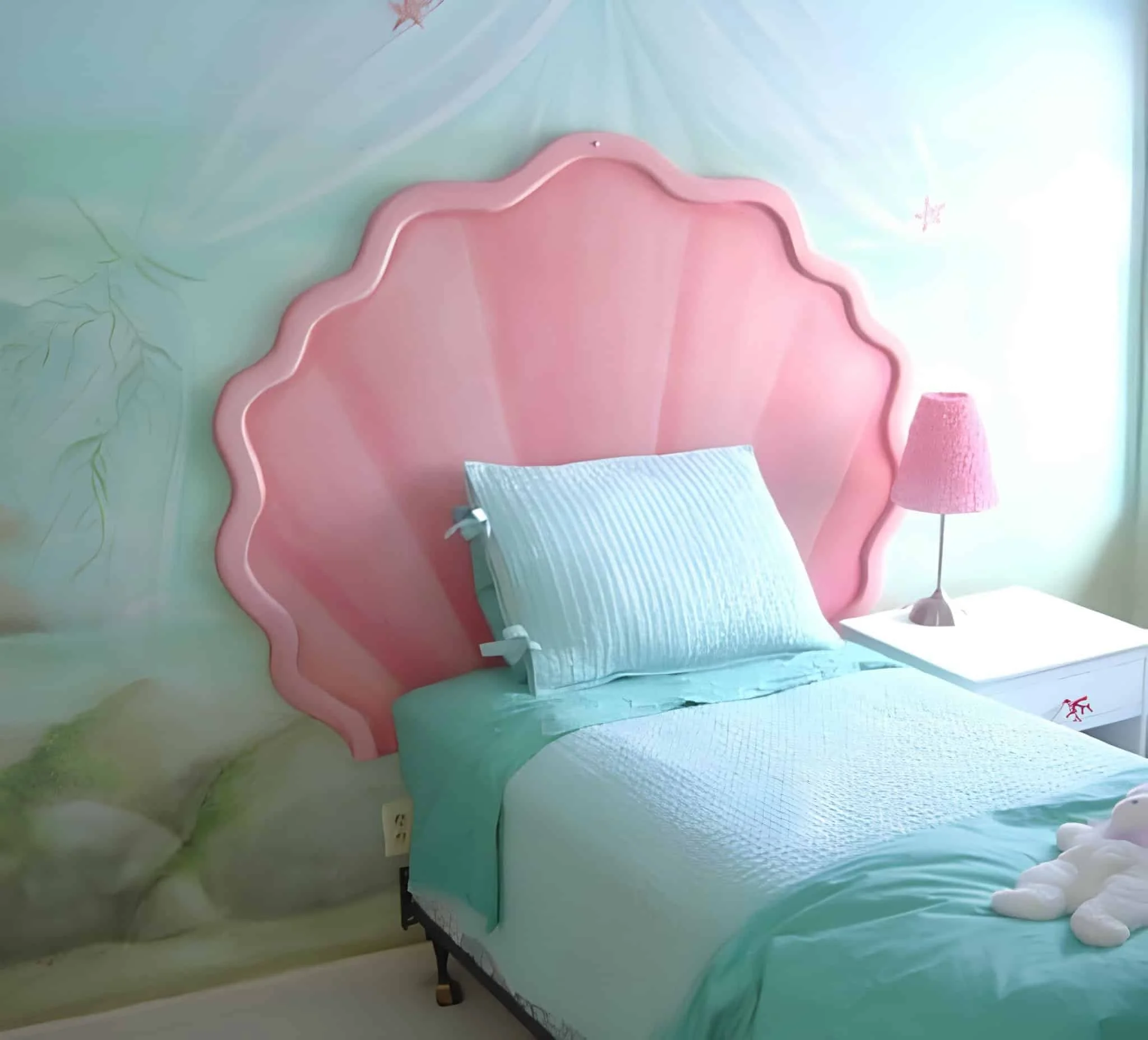 女孩房中的粉色贝壳造型床品，海洋主题