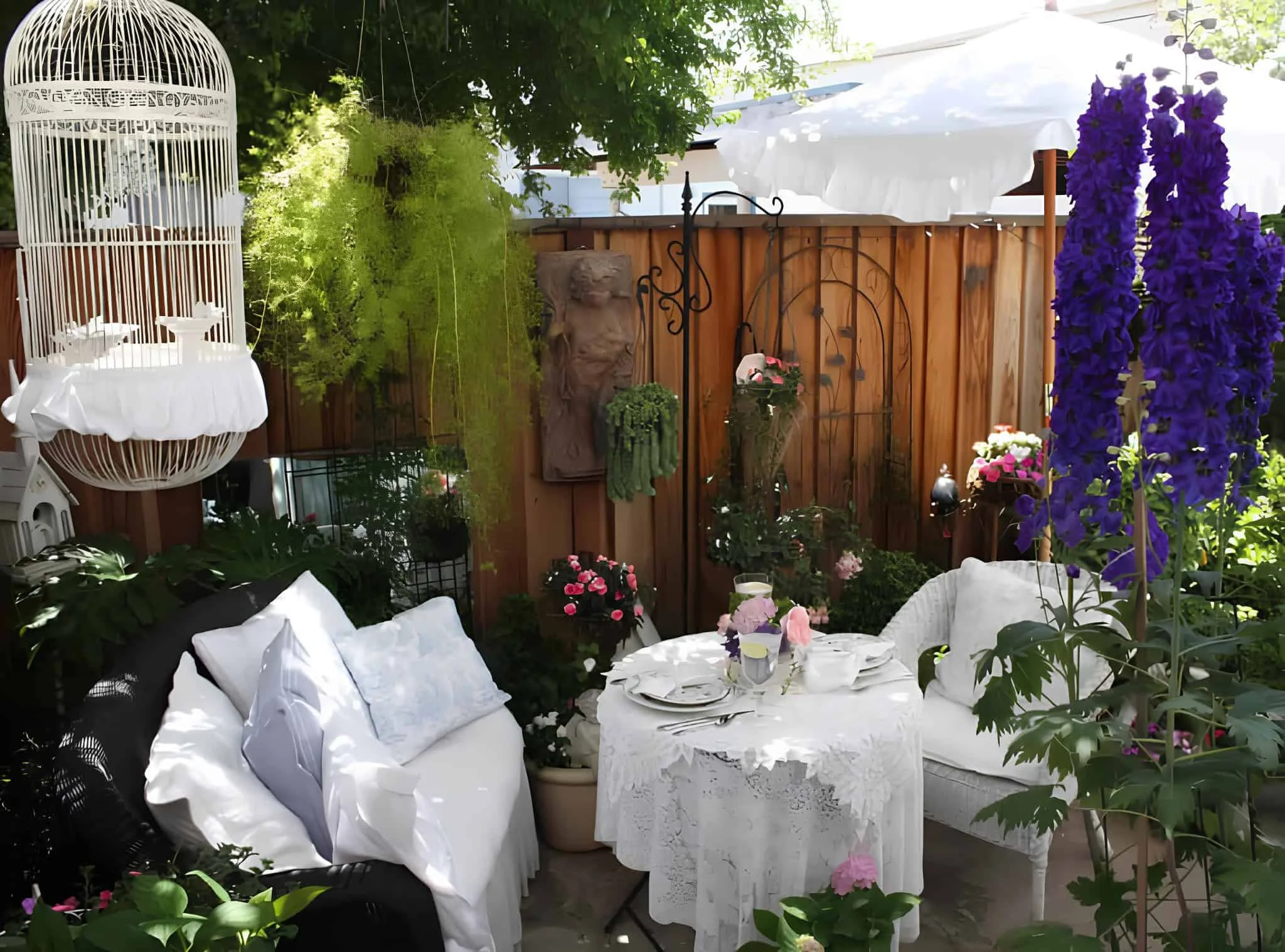 Esquina romántica del jardín con jaula de pájaro, toalla de encaje y flores