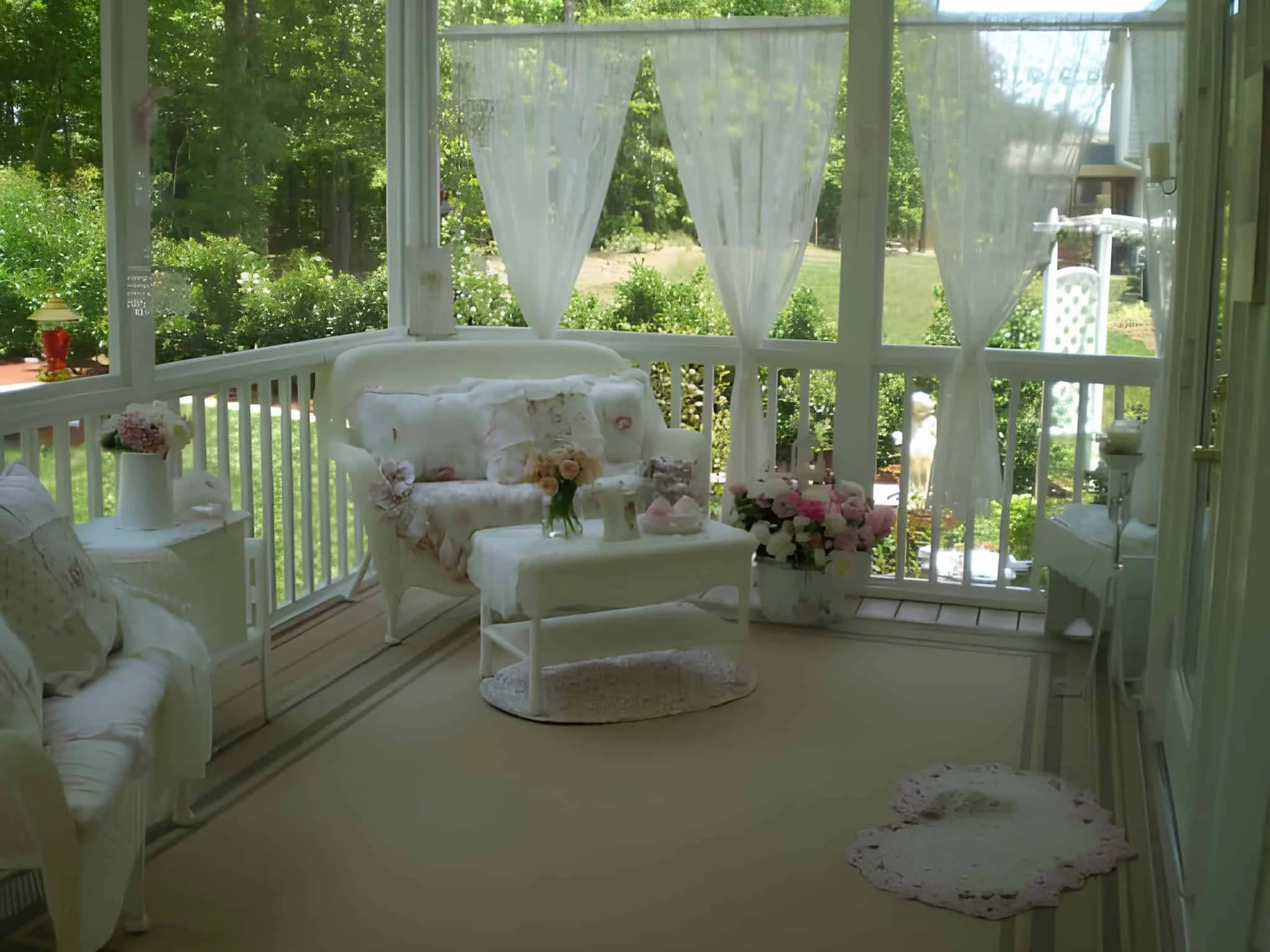 Terraza shabby chic blanca con almohadas de colores y cortinas finas