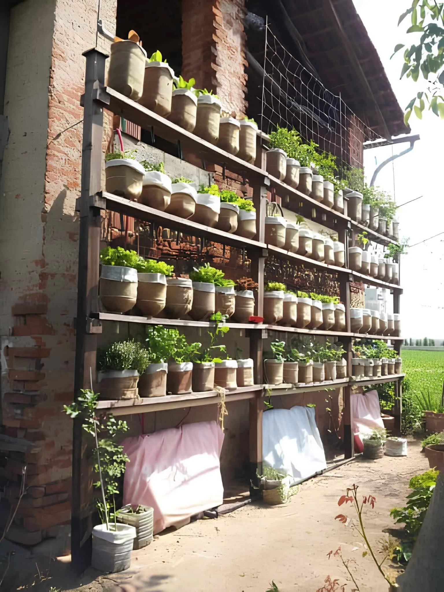 Balcony garden wall with stacked clay jars full of herbs